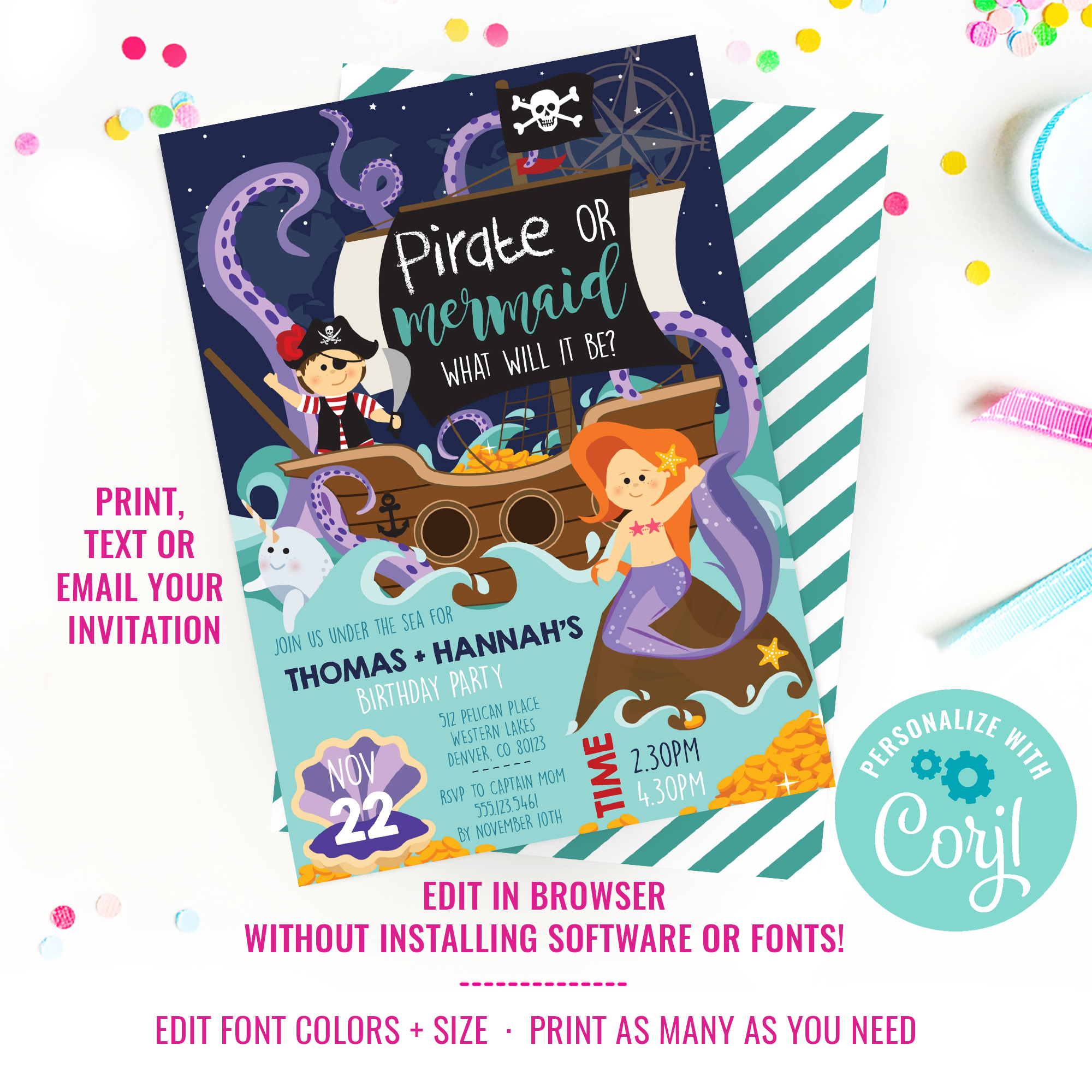 Pirate and Mermaid Party Invitation design preview