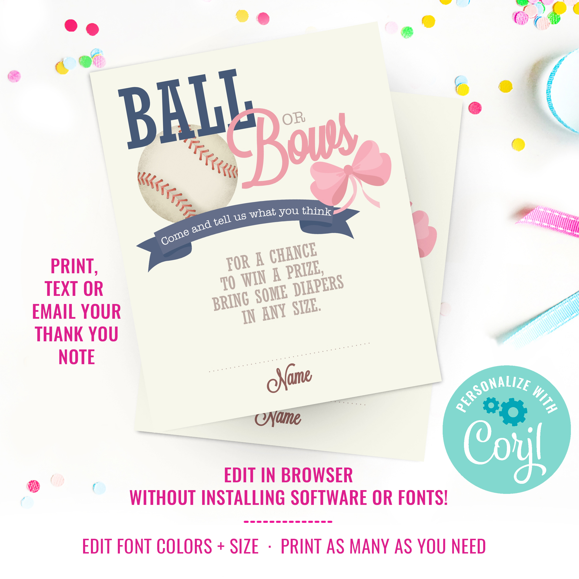 Baseball or Bows Diaper Raffle Card design preview