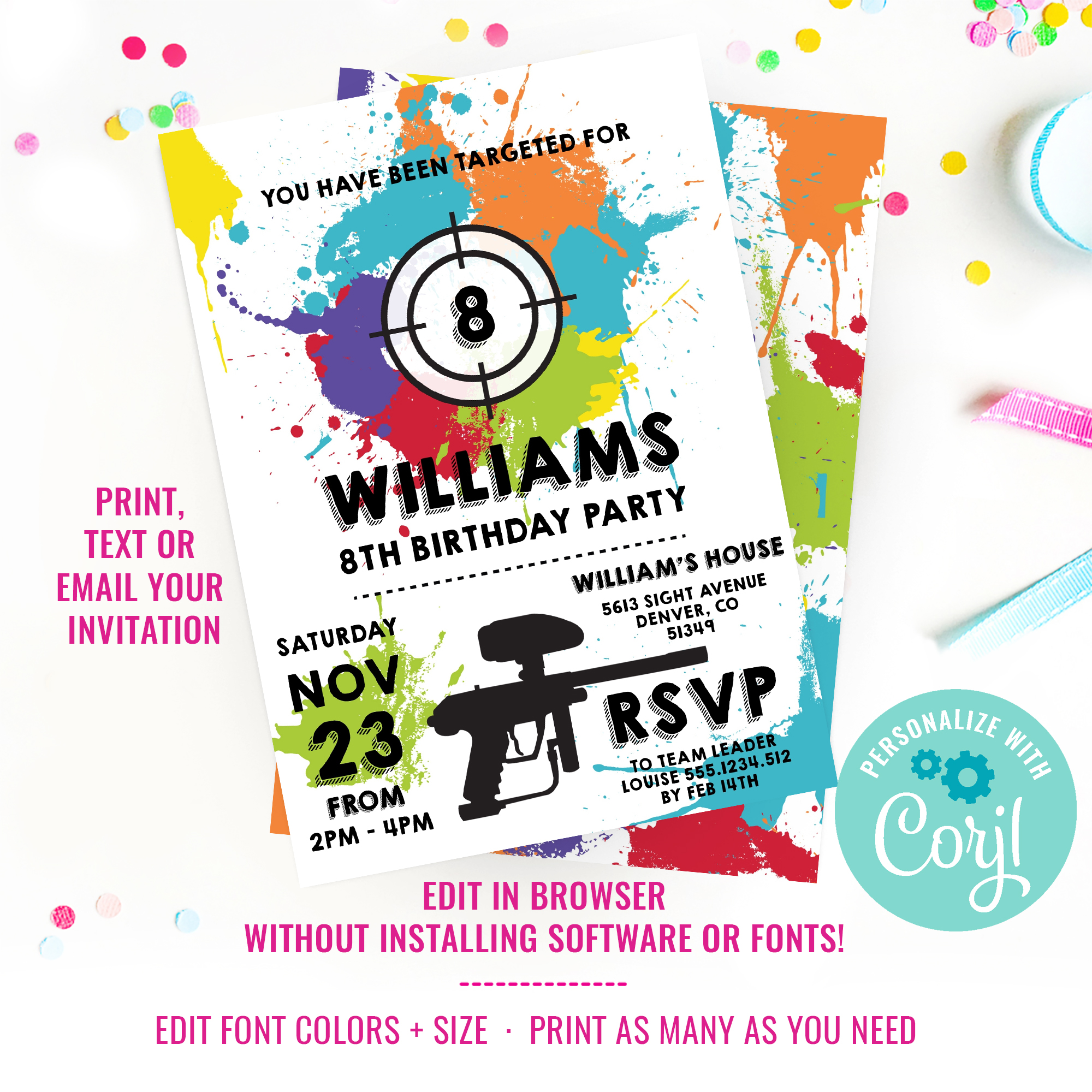 Paintball Birthday Party Invitation - White design preview