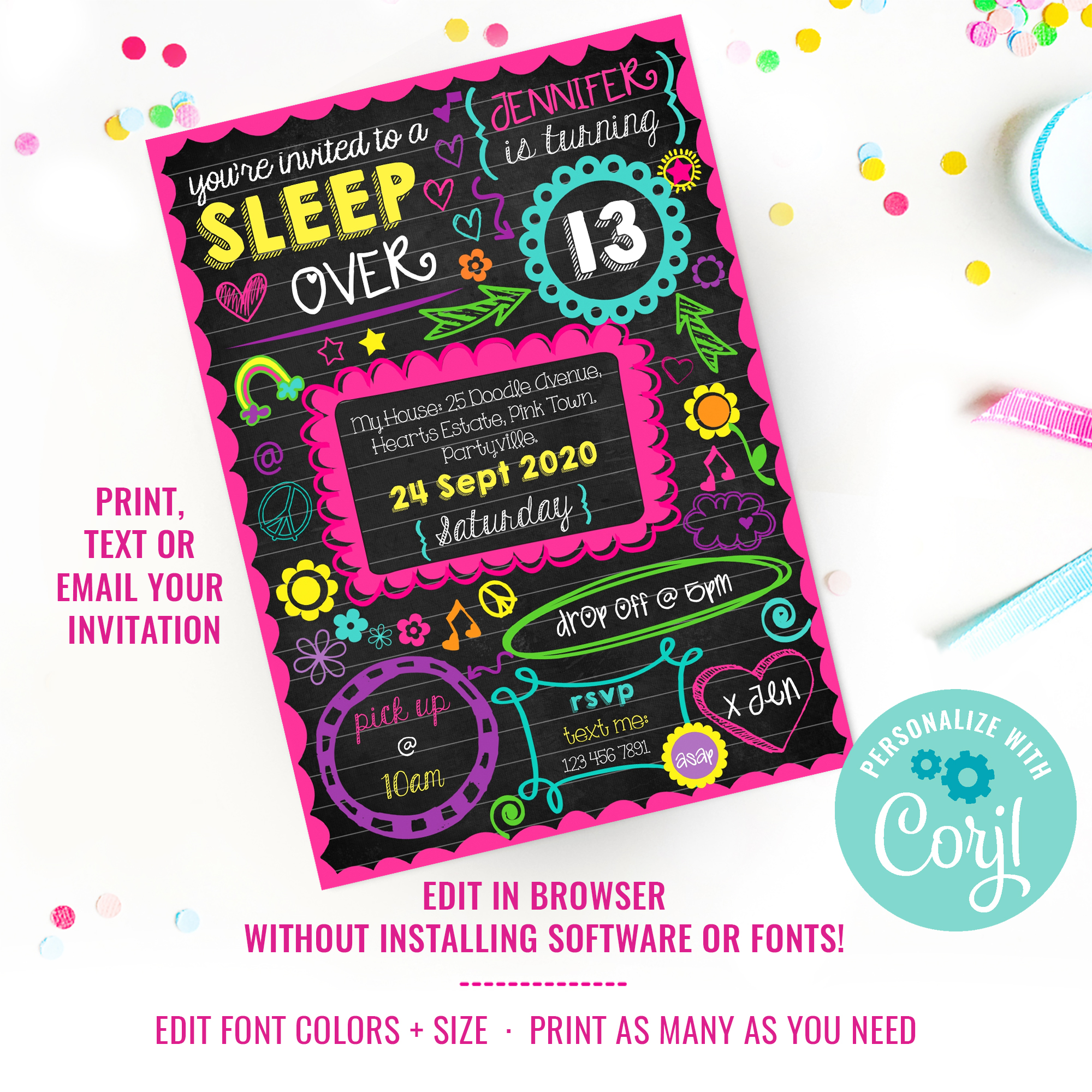 Neon Sleepover Invitation design preview