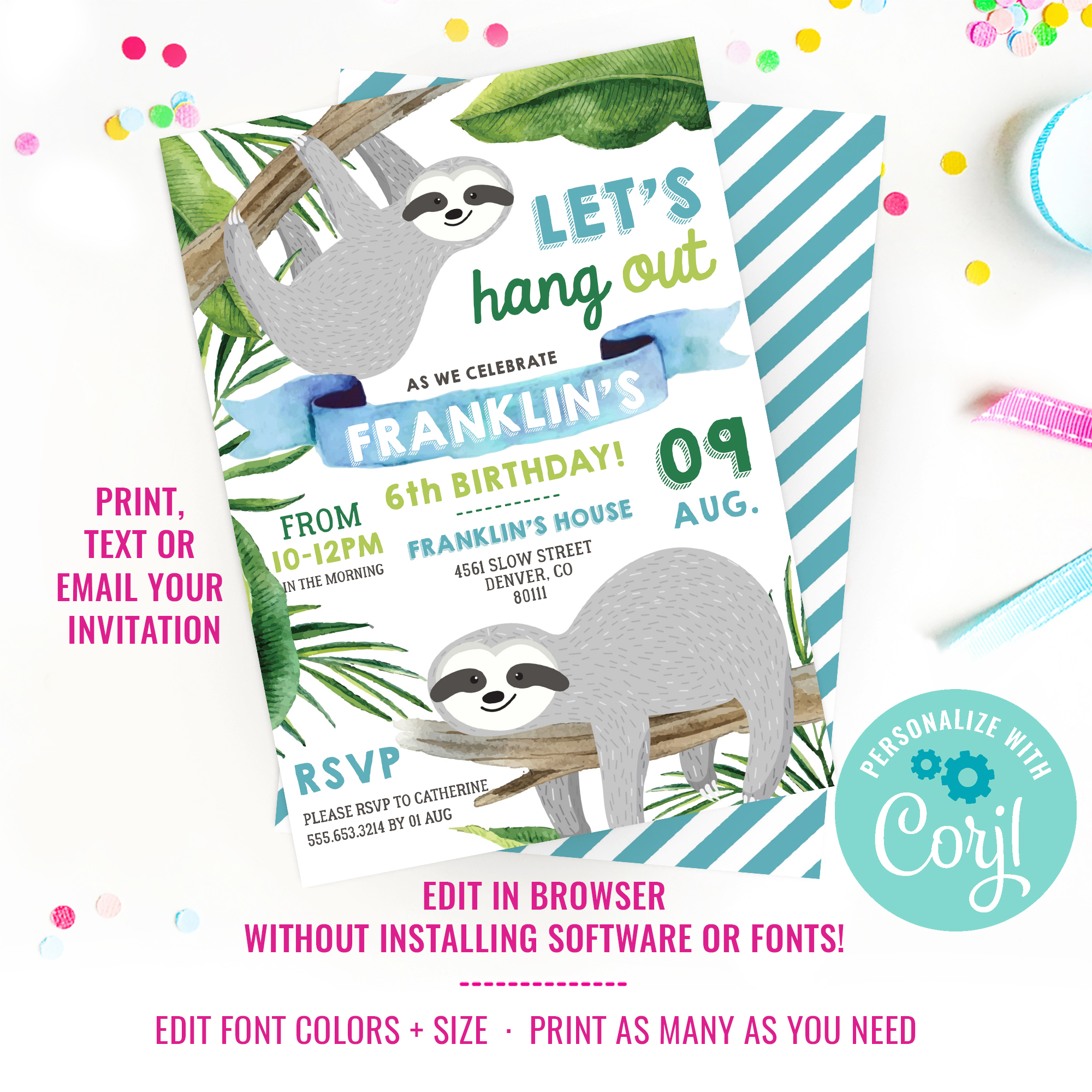 Sloth Birthday Party Invitation Boys design preview