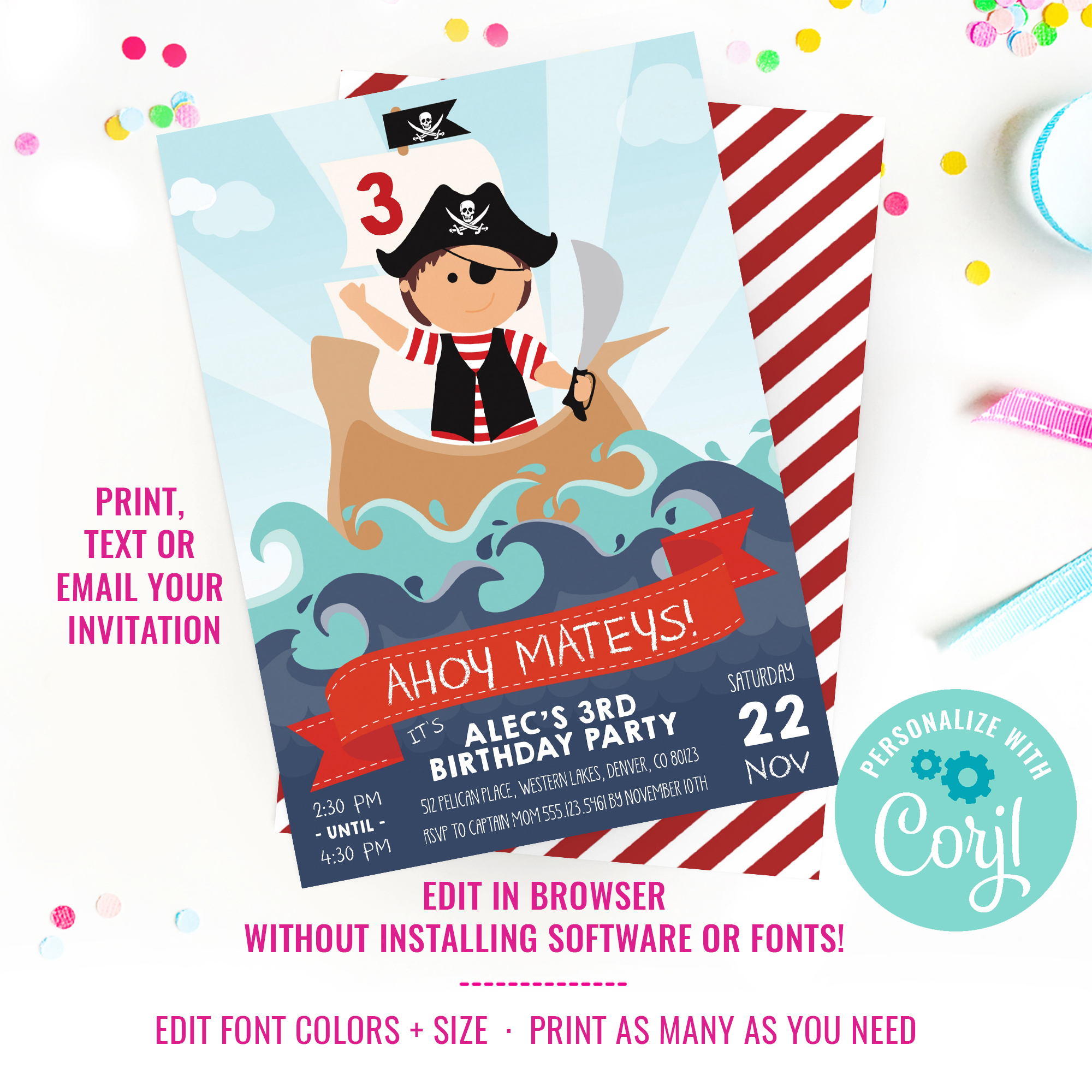 Cute Pirate Party Invitation design preview
