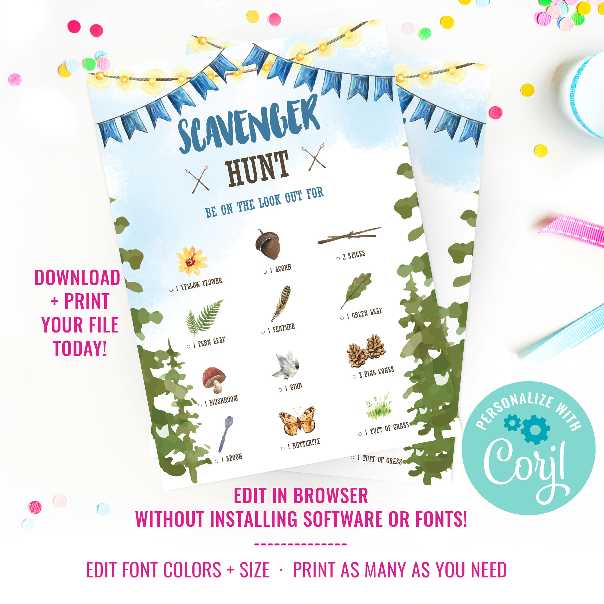 Camping Party Watercolor Scavenger Hunt design preview