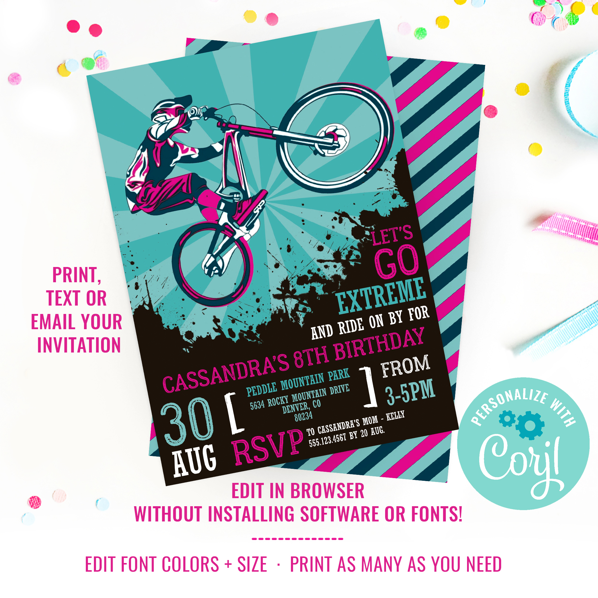 BMX Party Invitation for Girls design preview