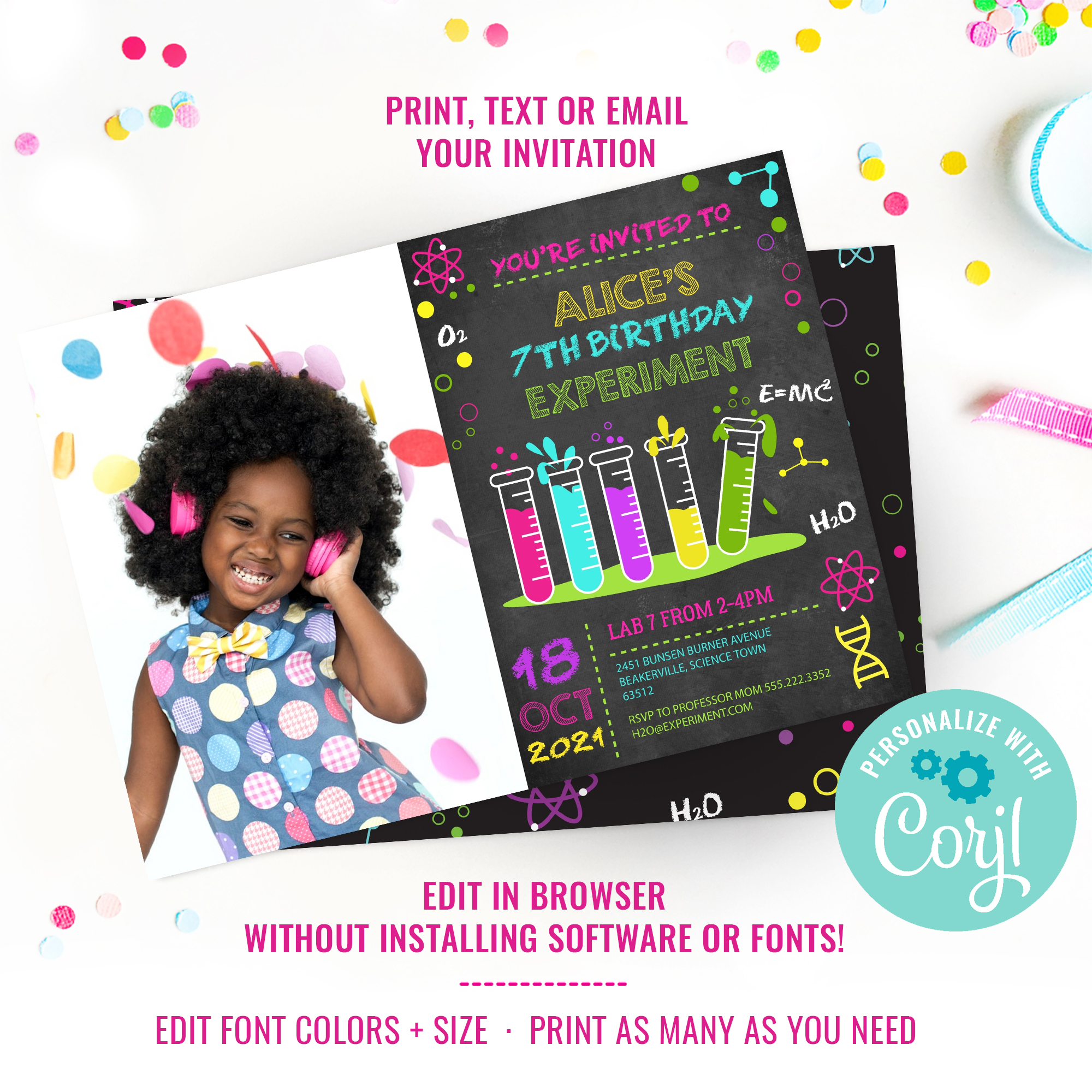 Science Party Photo Invitation for Girls design preview