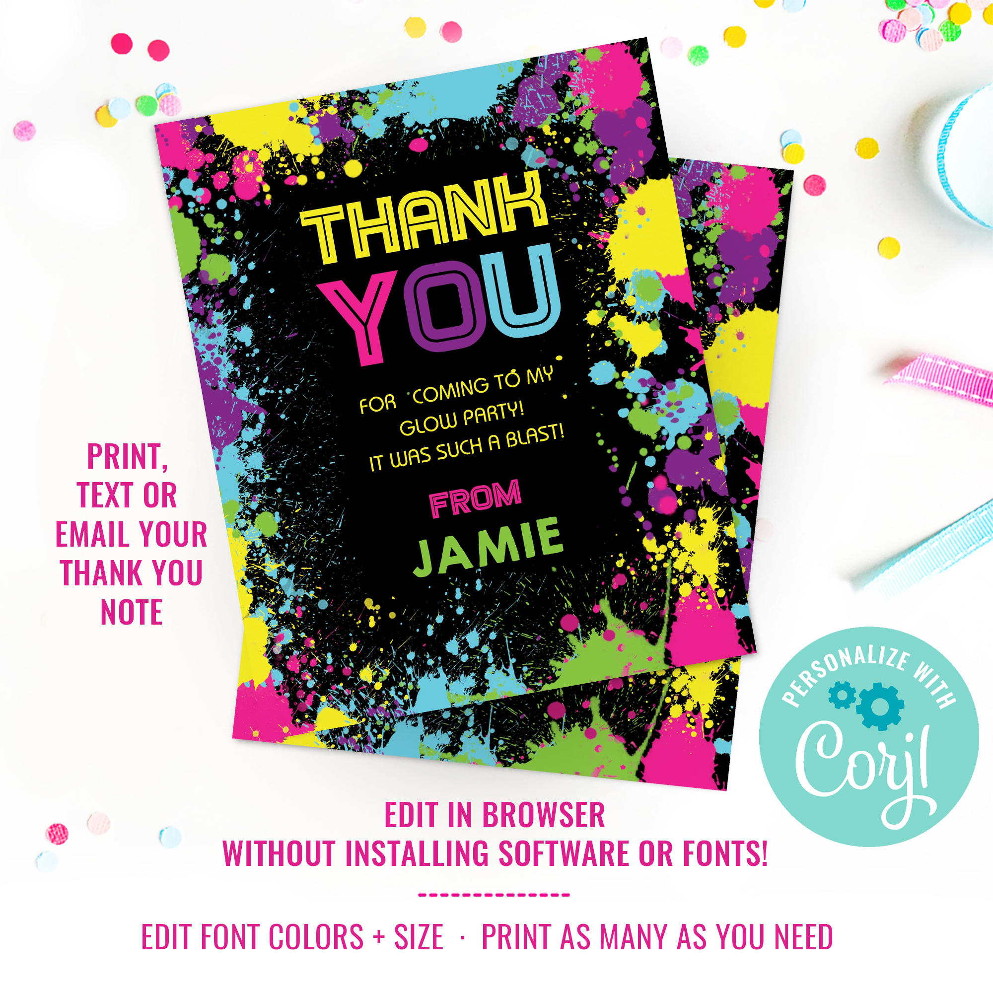 Neon Glow Party Thank You Card design preview
