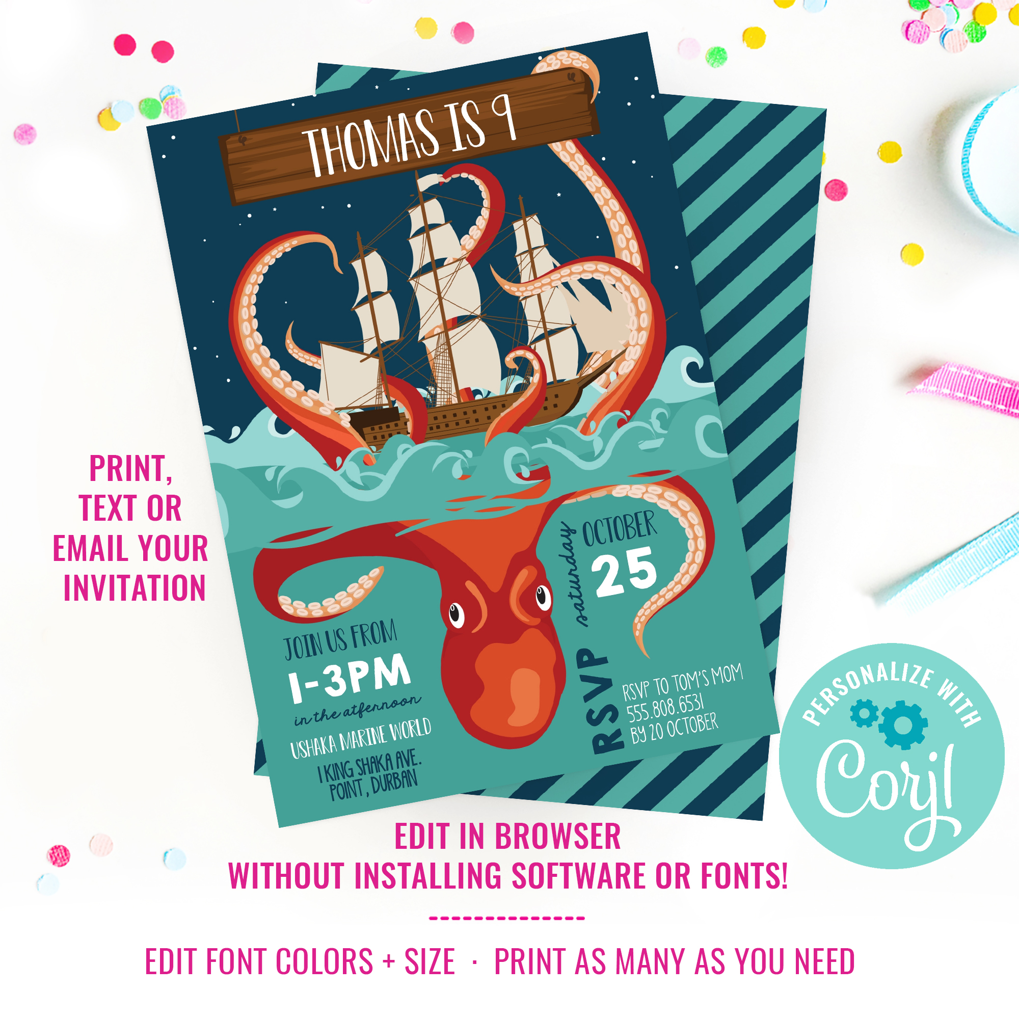Kraken Birthday Party Invitation design preview