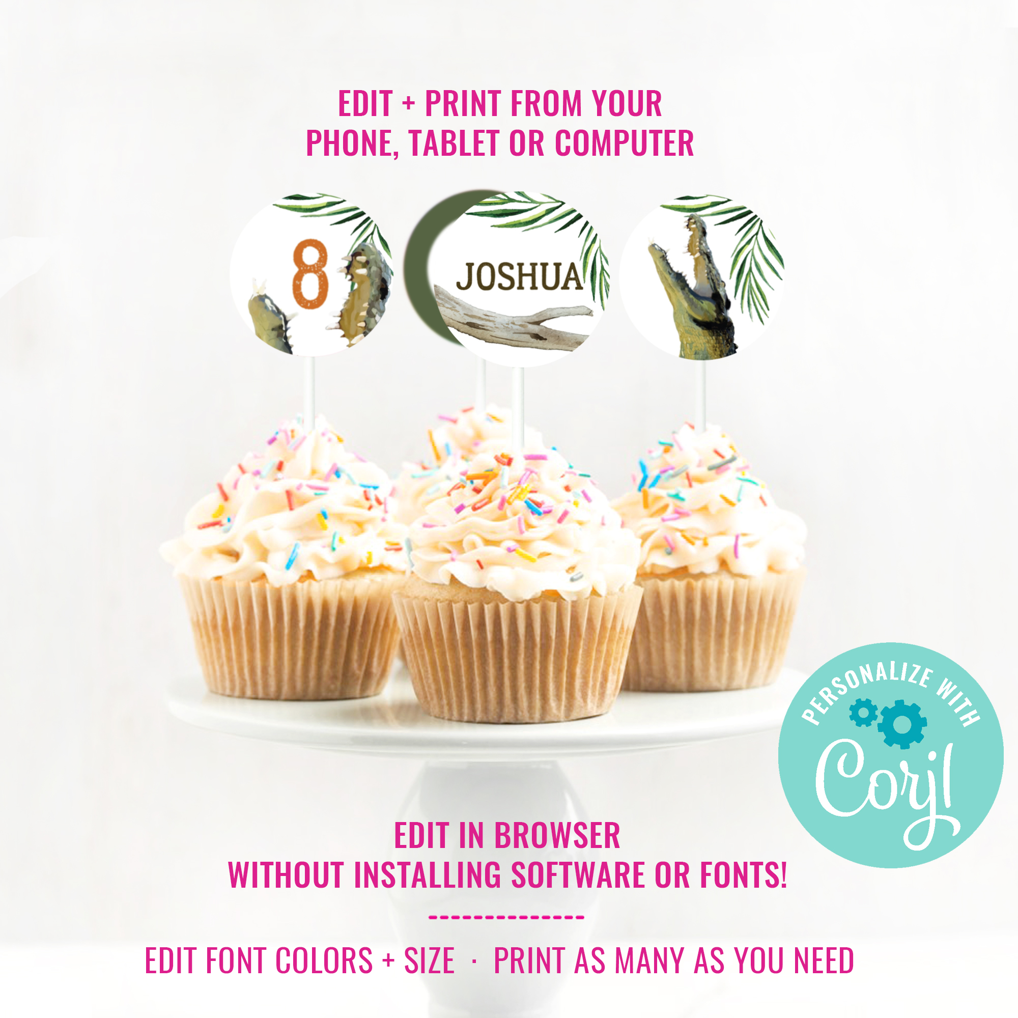 Crocodile Party Cupcake Toppers design preview