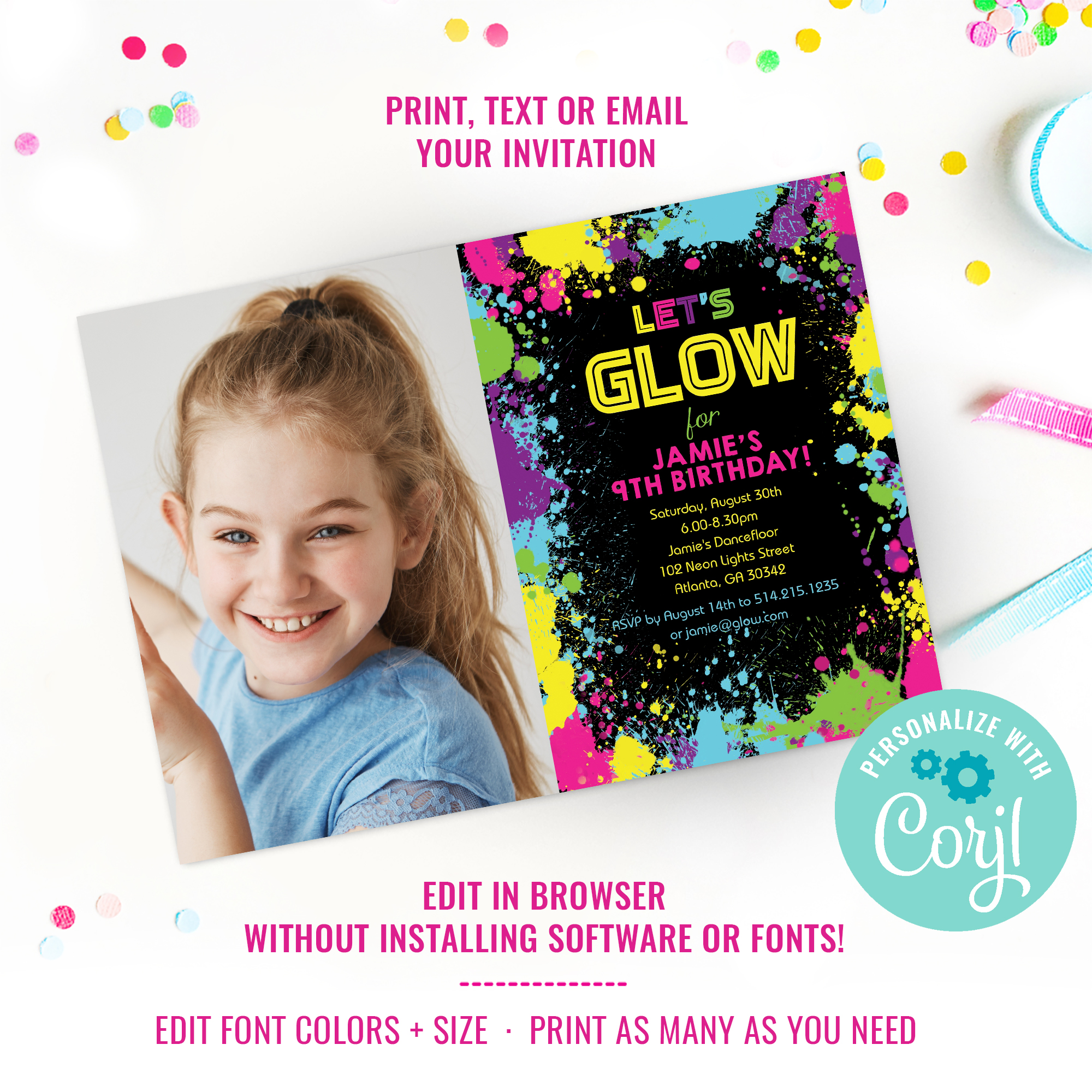 Neon Glow Party Theme Invitation Photo Invite design preview