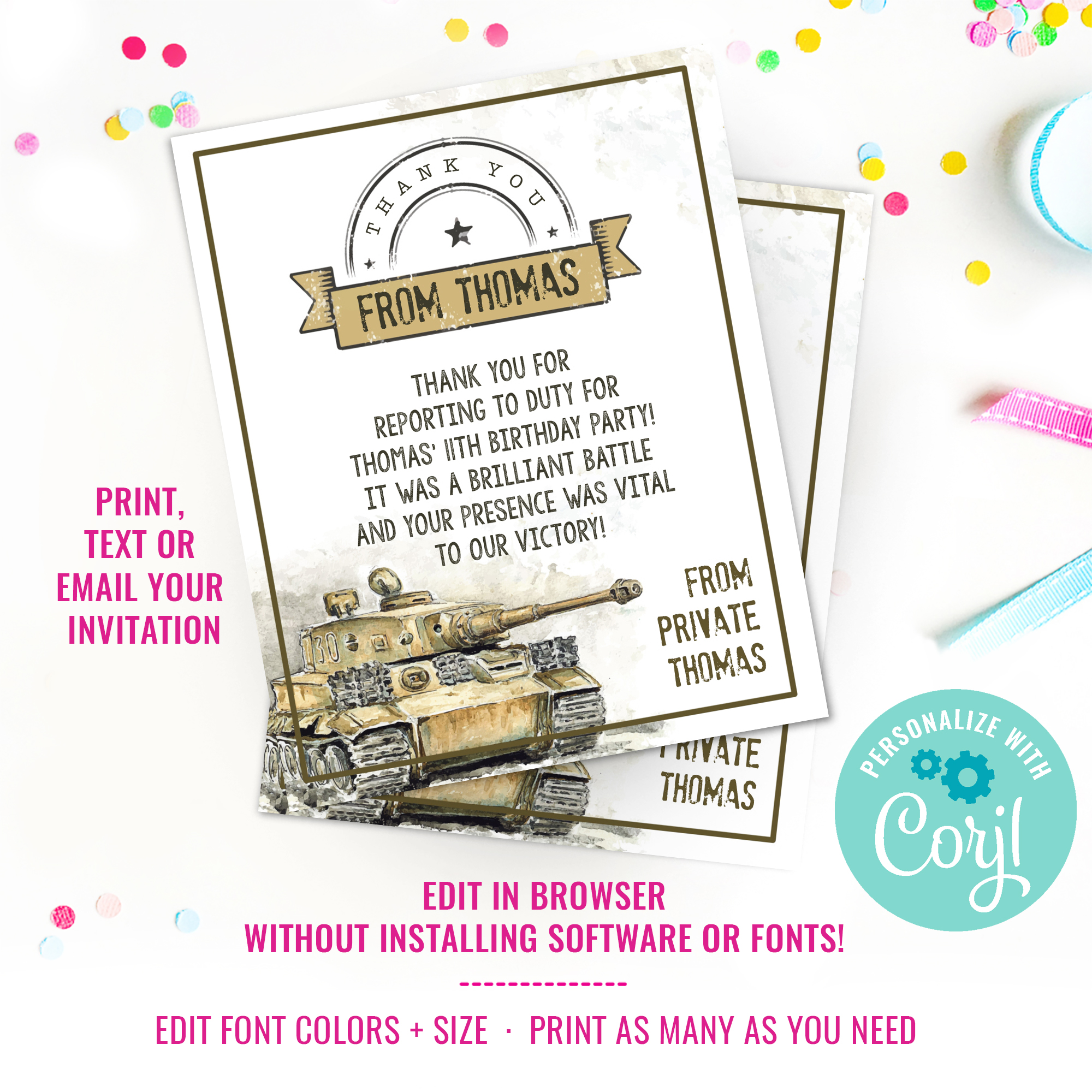 Army Tank Thank you Card design preview