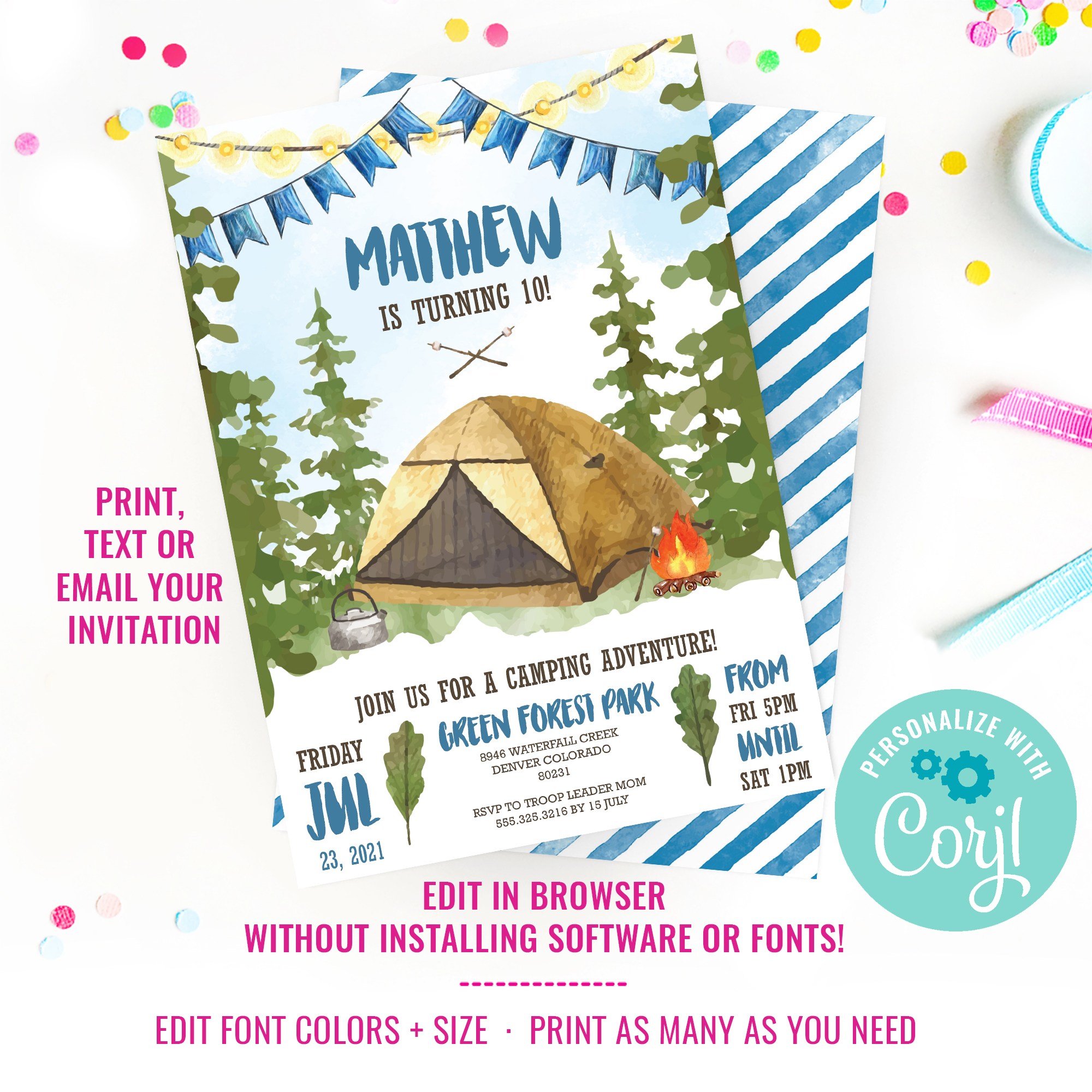 Camping Party Watercolor Invitation for Boys design preview