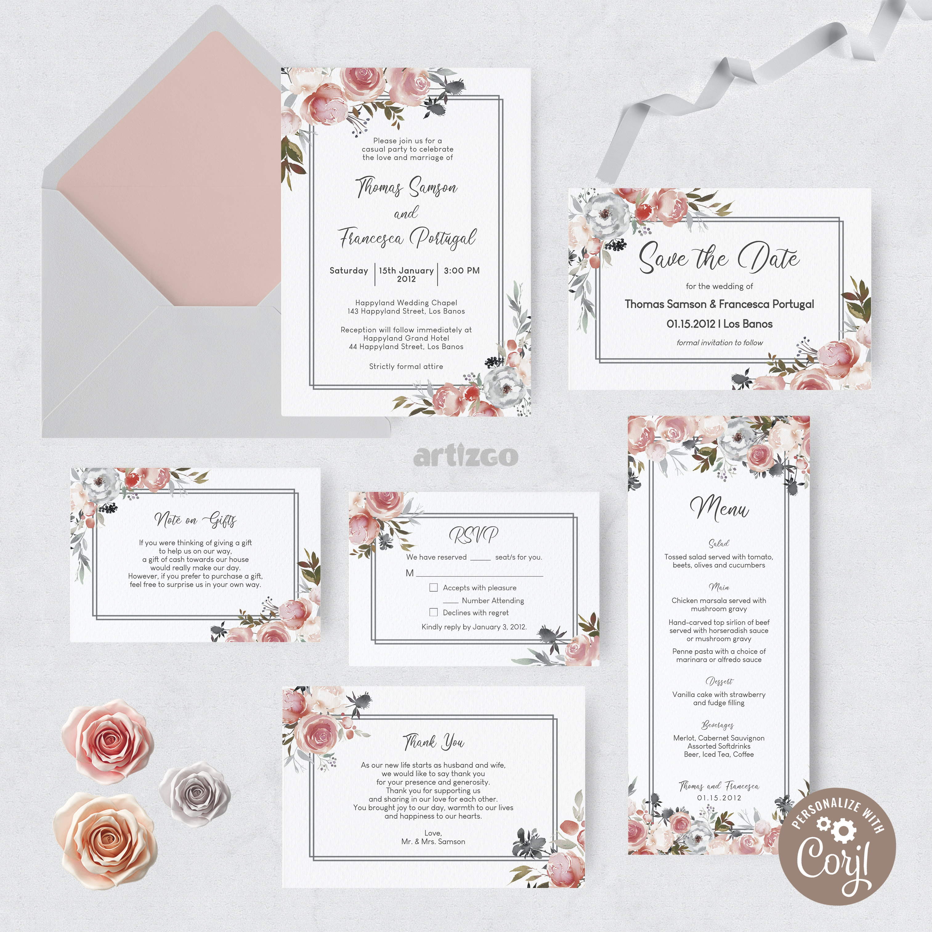 TVW192 Rose and Thistle Watercolor Wedding Bundle design preview