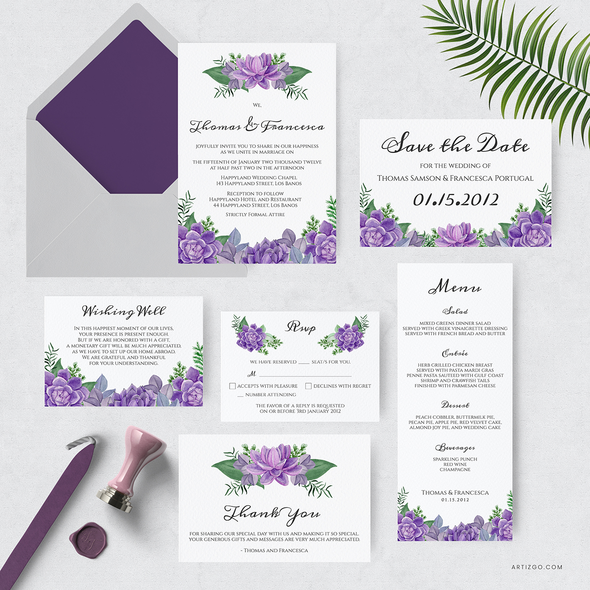 Editable Purple Succulents Wedding Invitation design preview