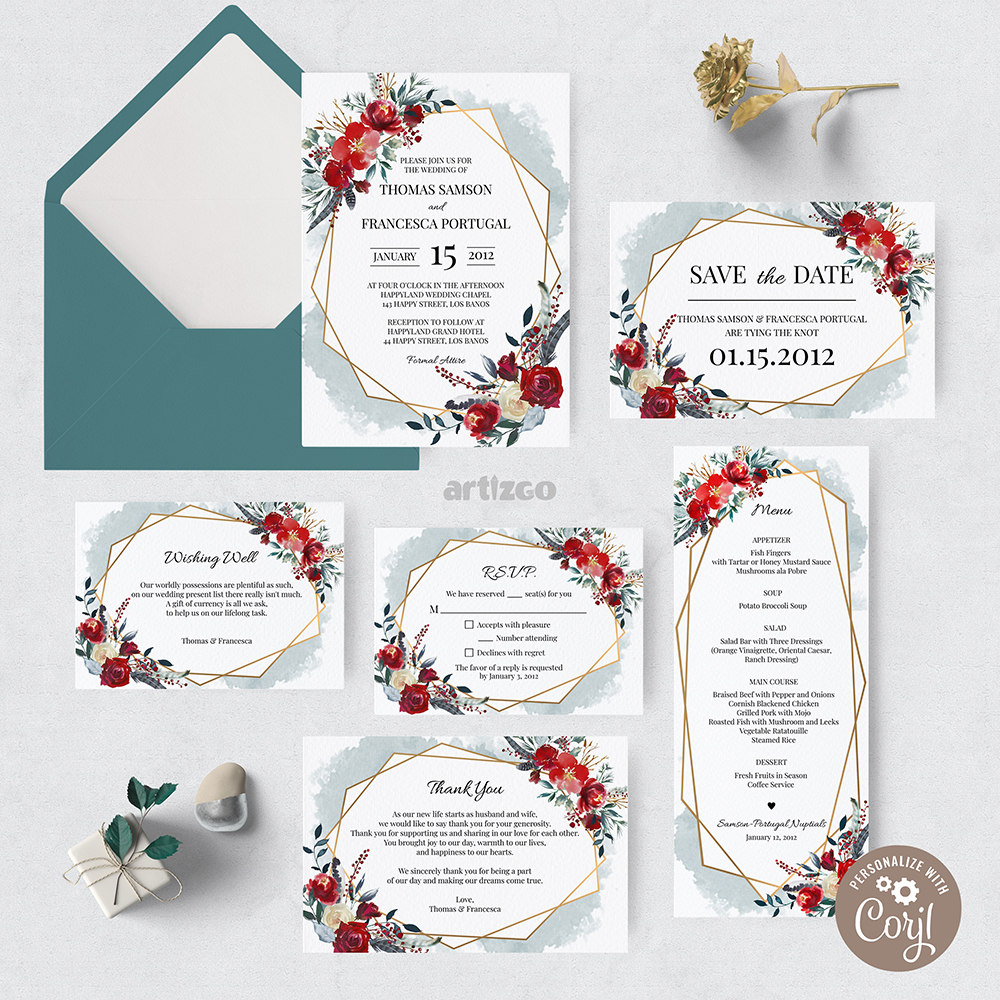 TVW155 Gold Geometric Boho Watercolor Floral Wedding Bundle design preview