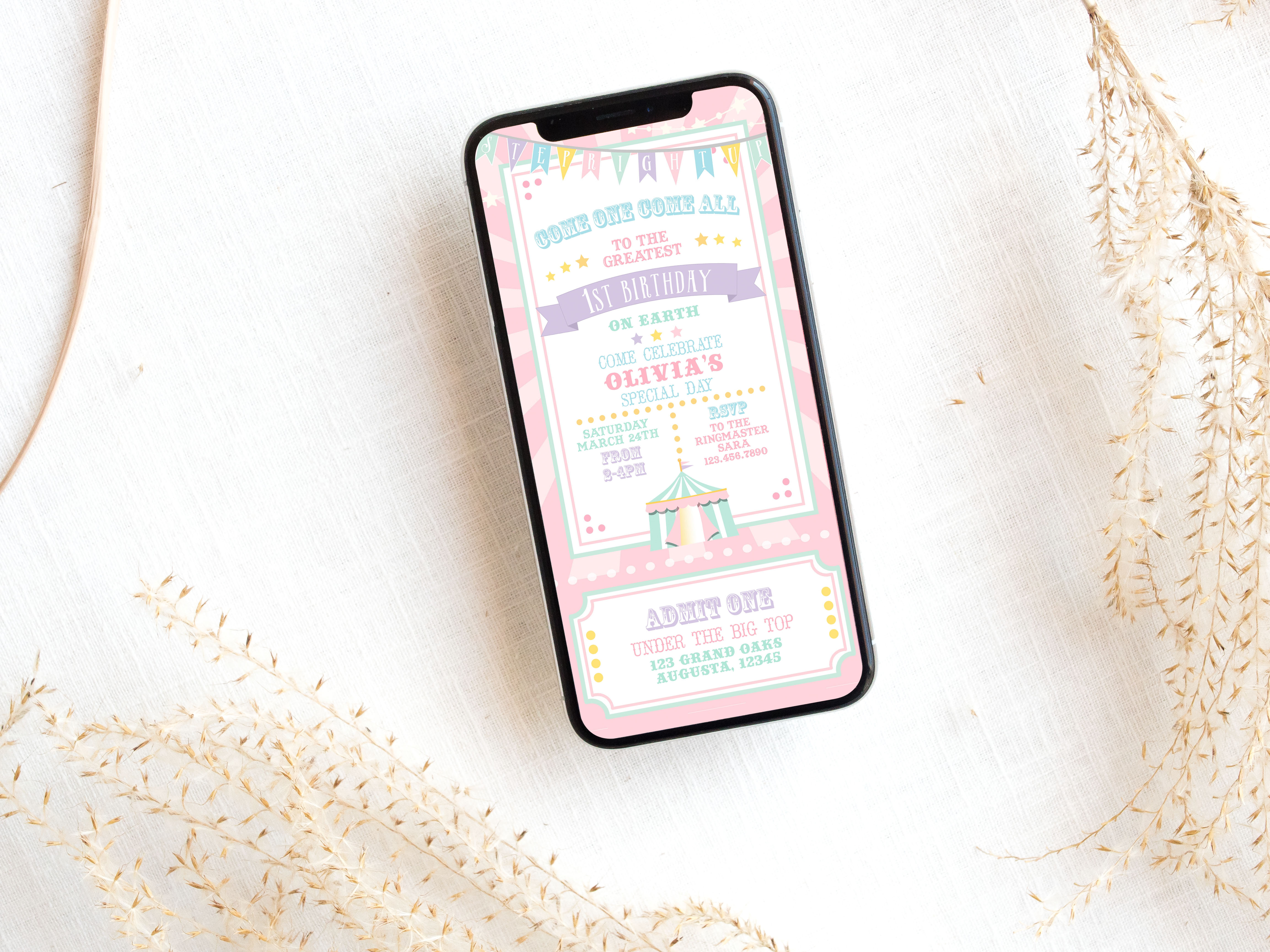 Pastel Circus Smart Phone Invitation- Pink Burst design preview