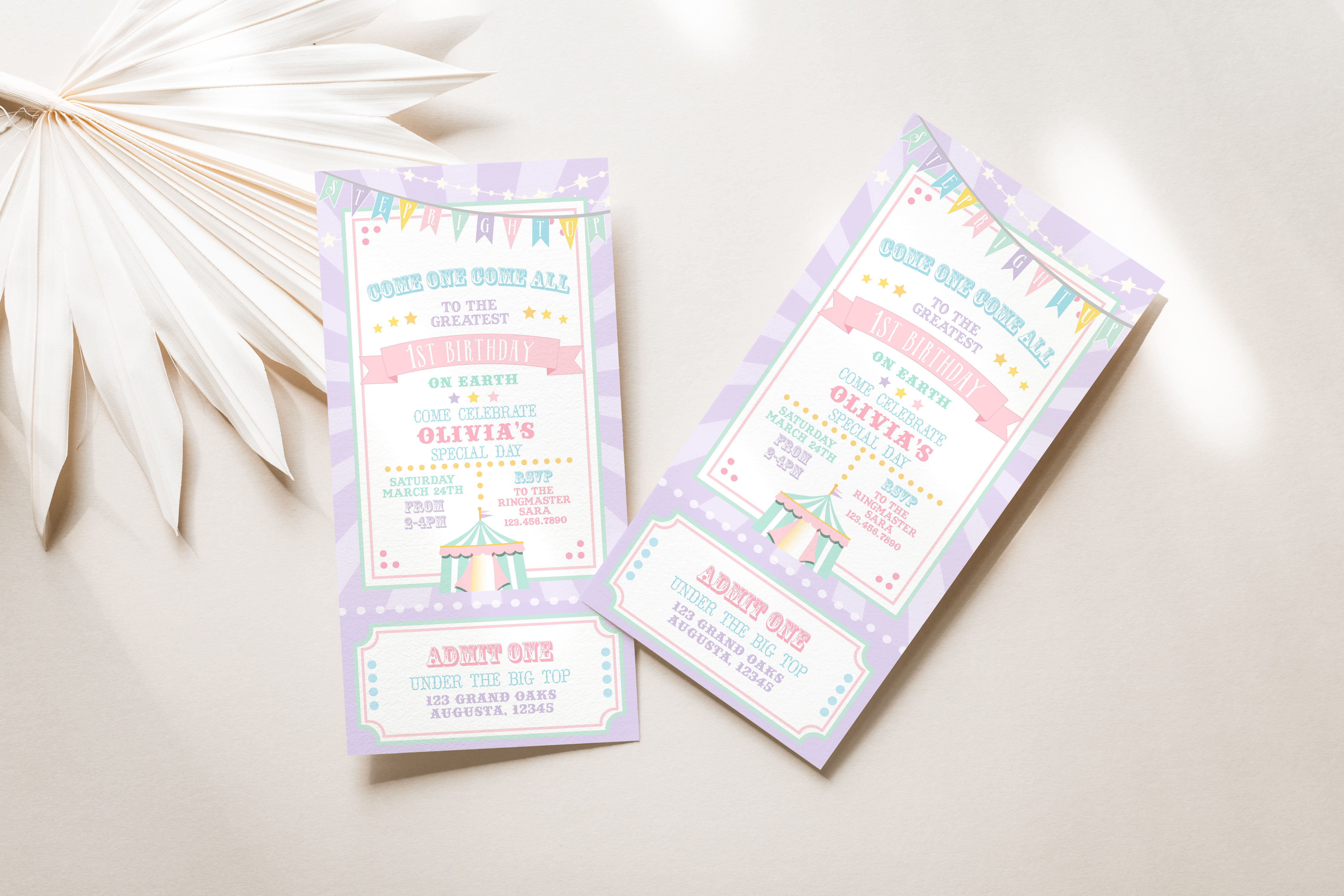 Pastel Circus 4 x 8 Ticket Invitation- Purple Burst design preview