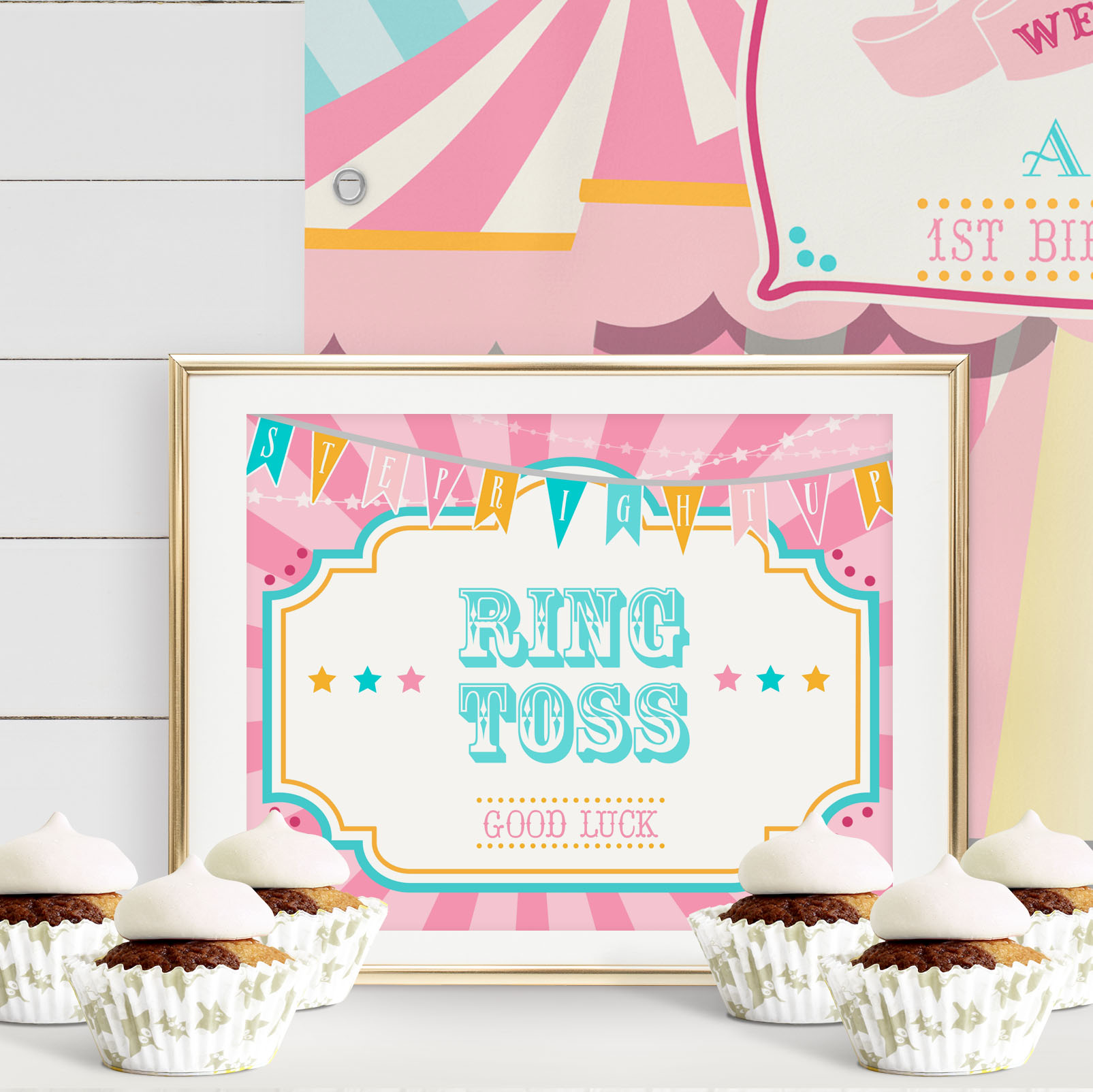 Pink & Teal Circus Game Sign- Pink Sunburst design preview