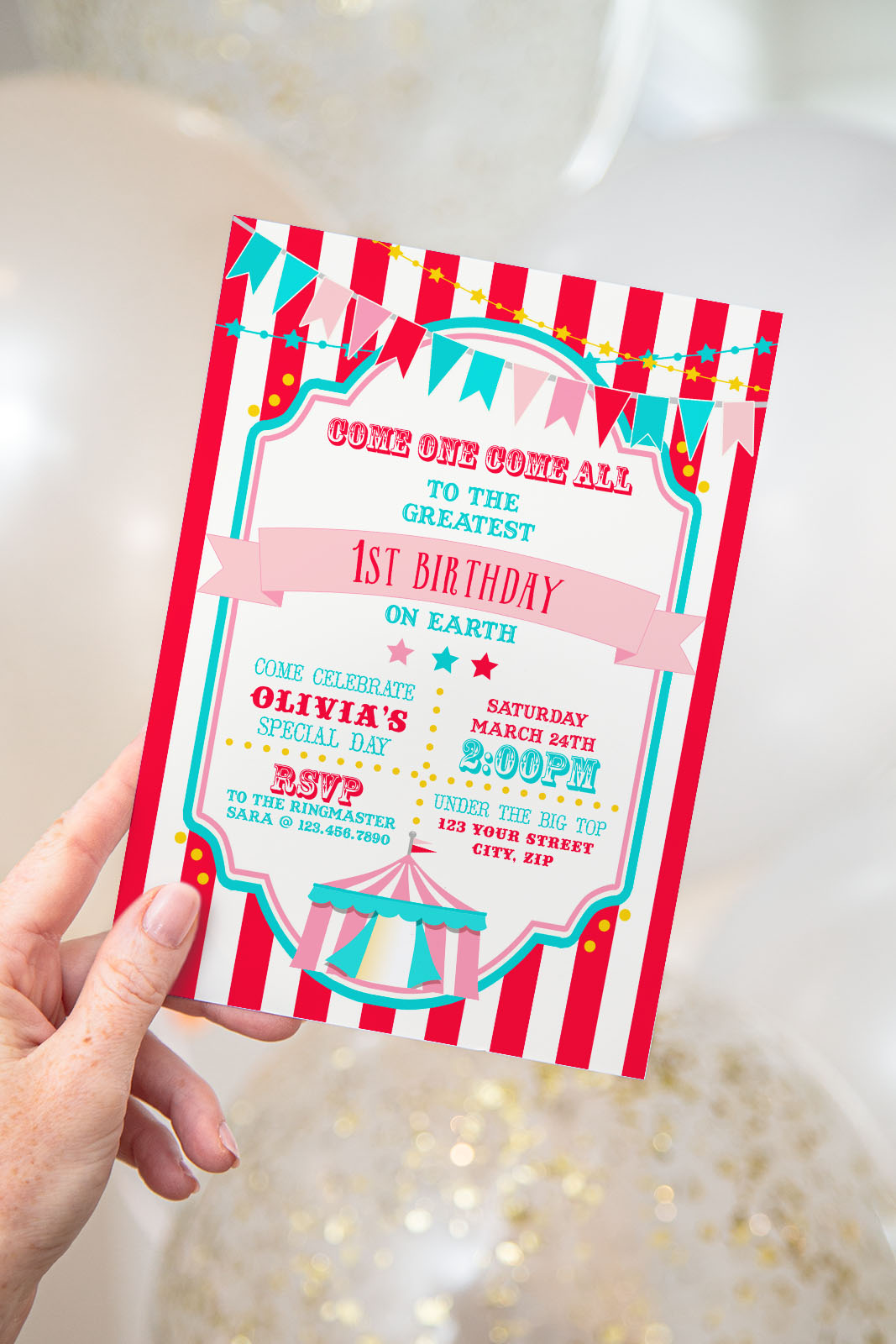 Red & Pink Circus Invitation- Red Stripes design preview