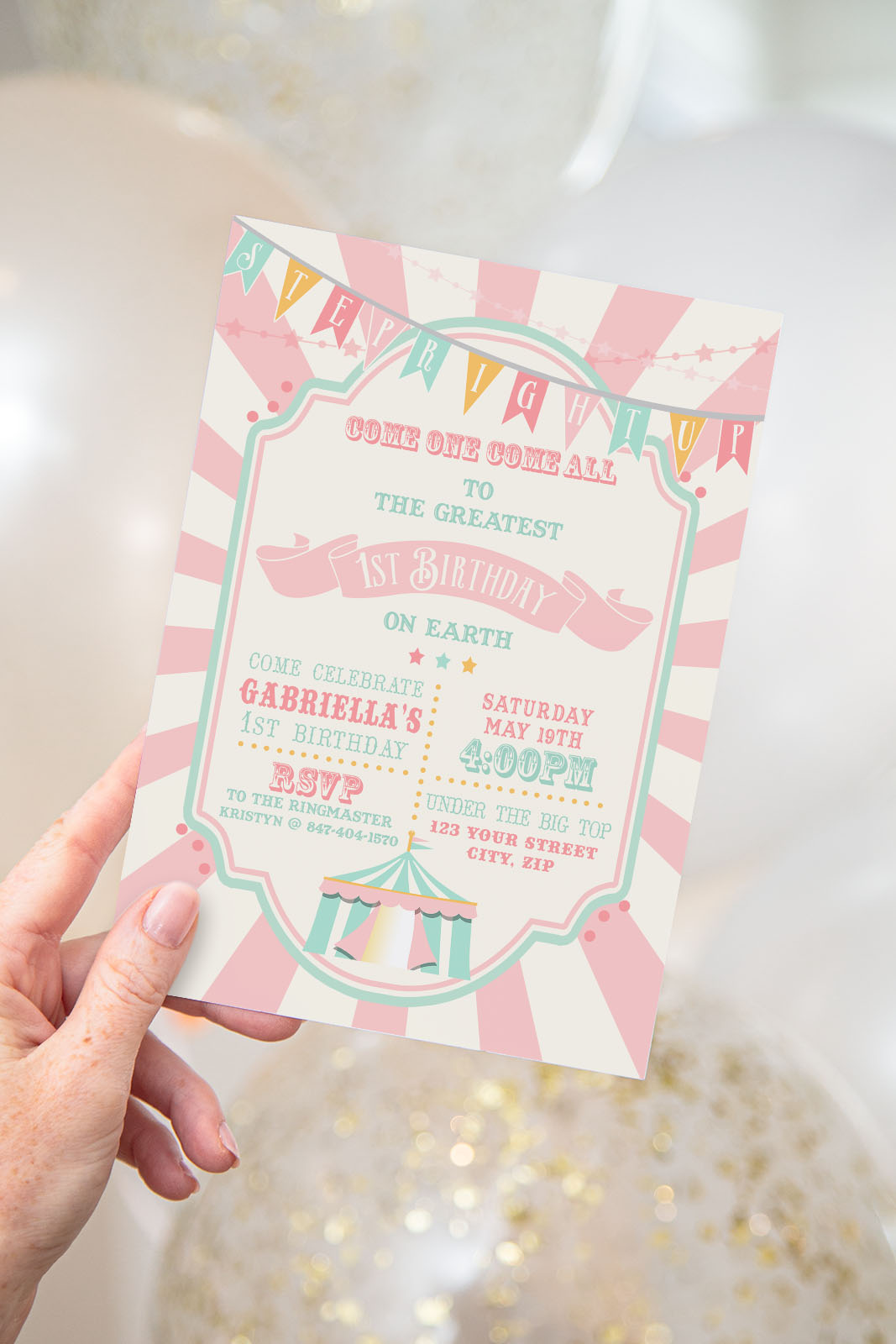 Pink & Mint Circus Invitation- Pink & Ivory Sunburst design preview