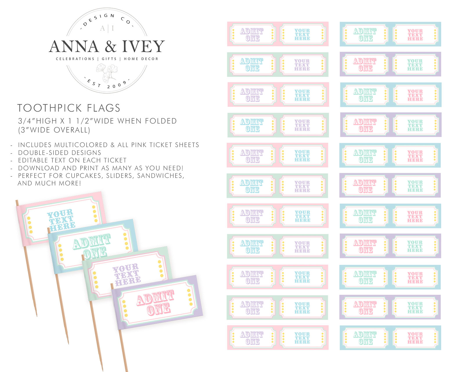 Pastel Circus Ticket Flags design preview