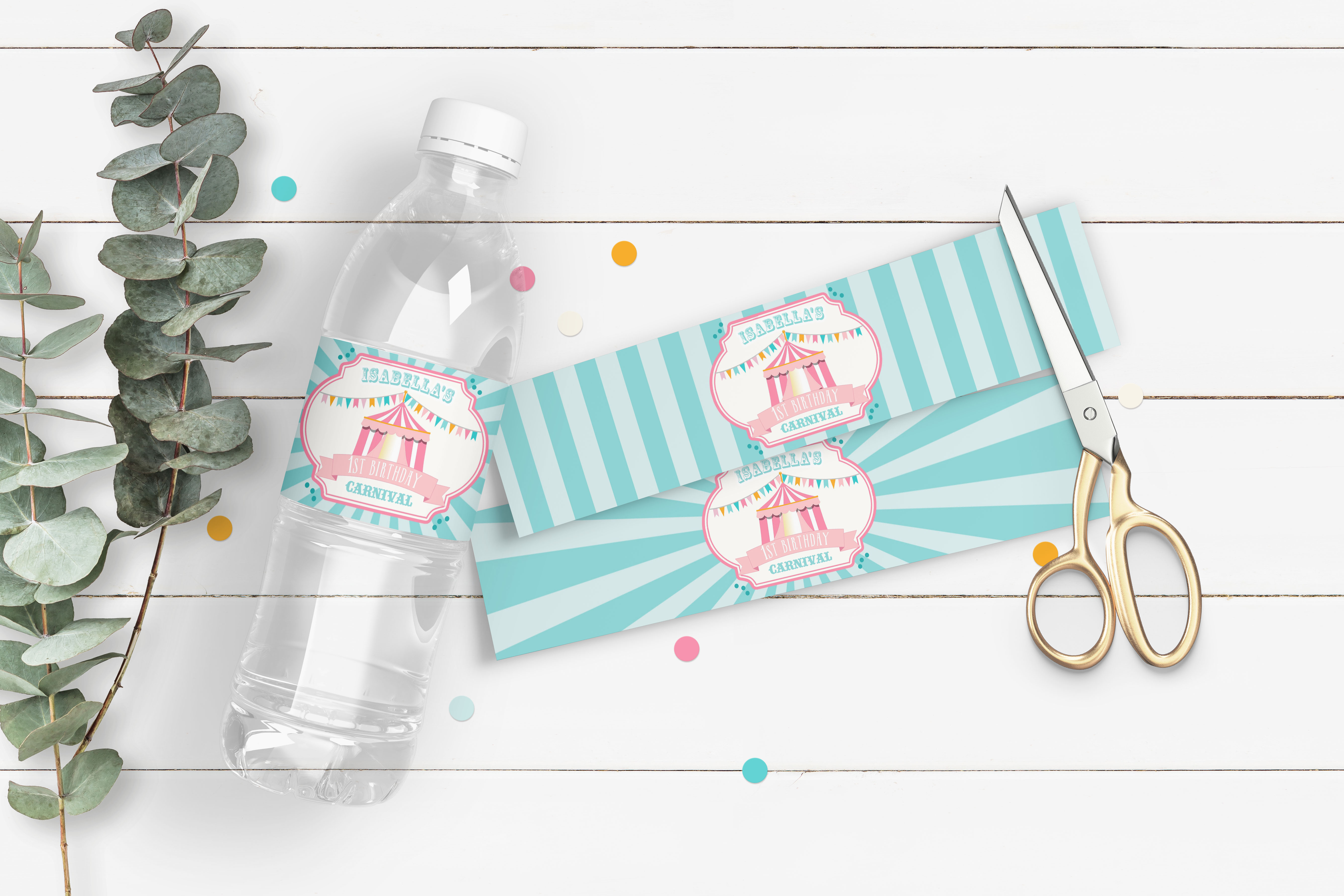 Pink & Teal Circus Drink Labels design preview
