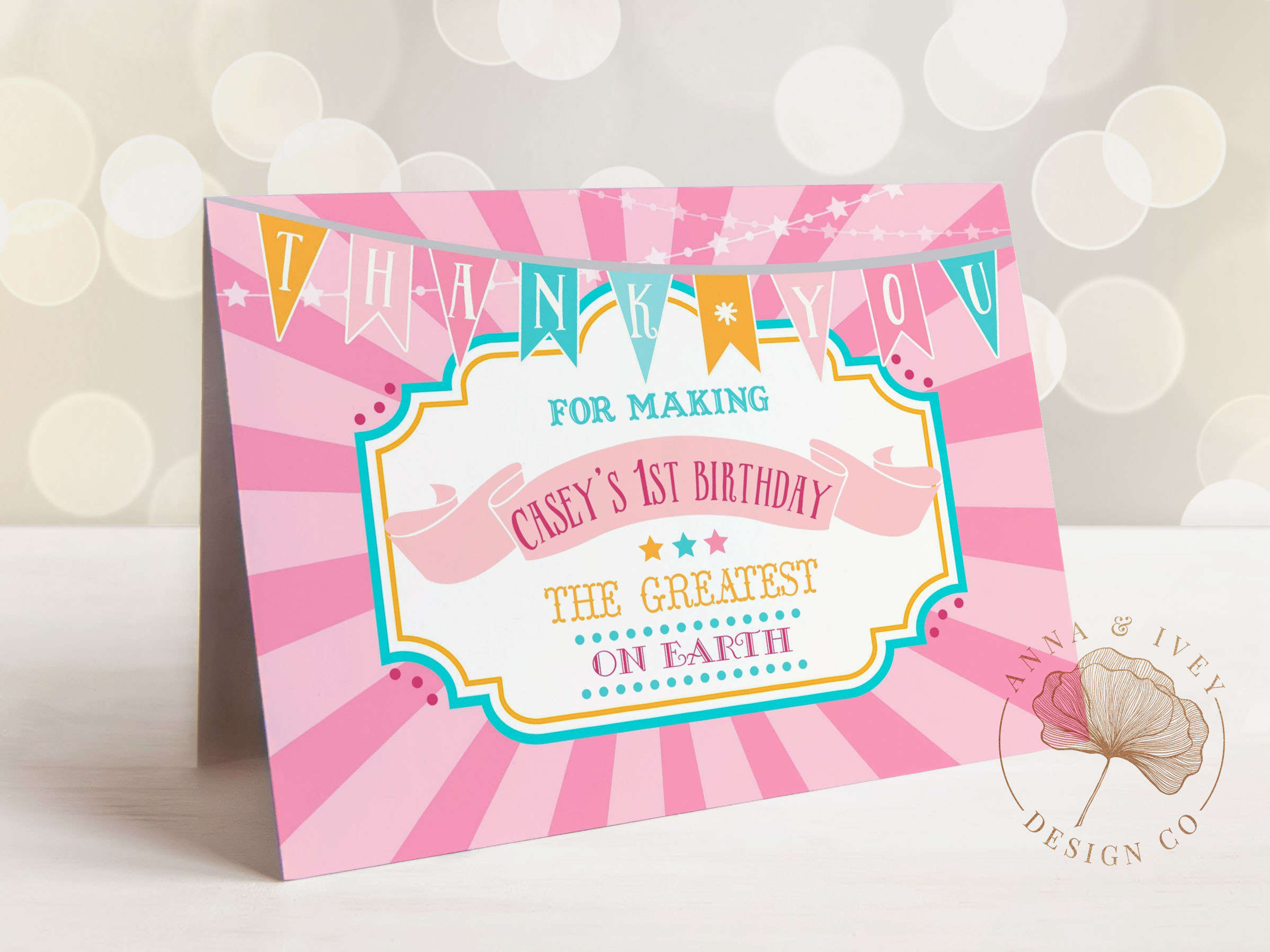 Pink & Teal Circus Thank You Cards- Pink Sunburst design preview