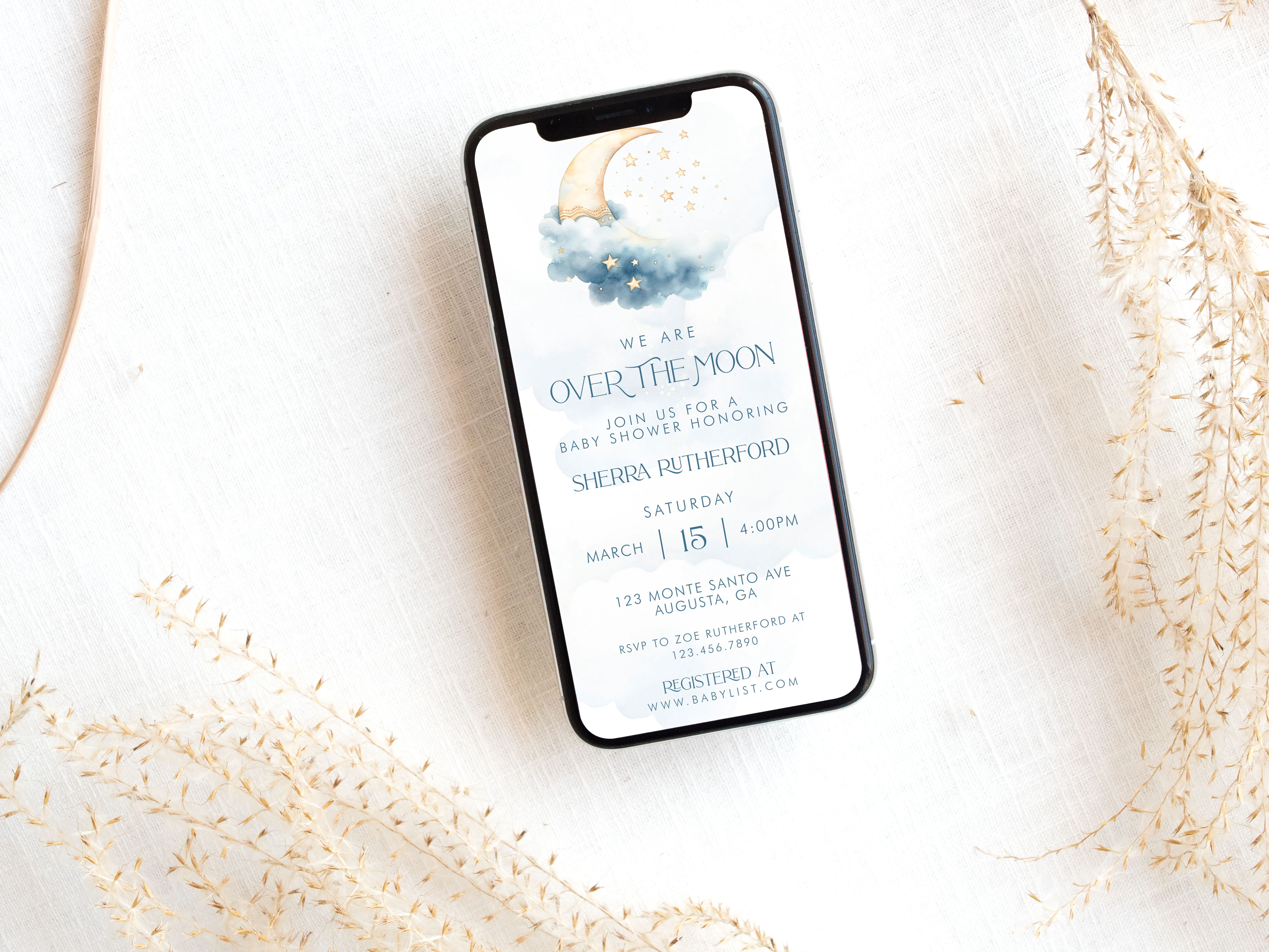 Over the Moon Baby Shower Smart Phone Invitation- Blue design preview