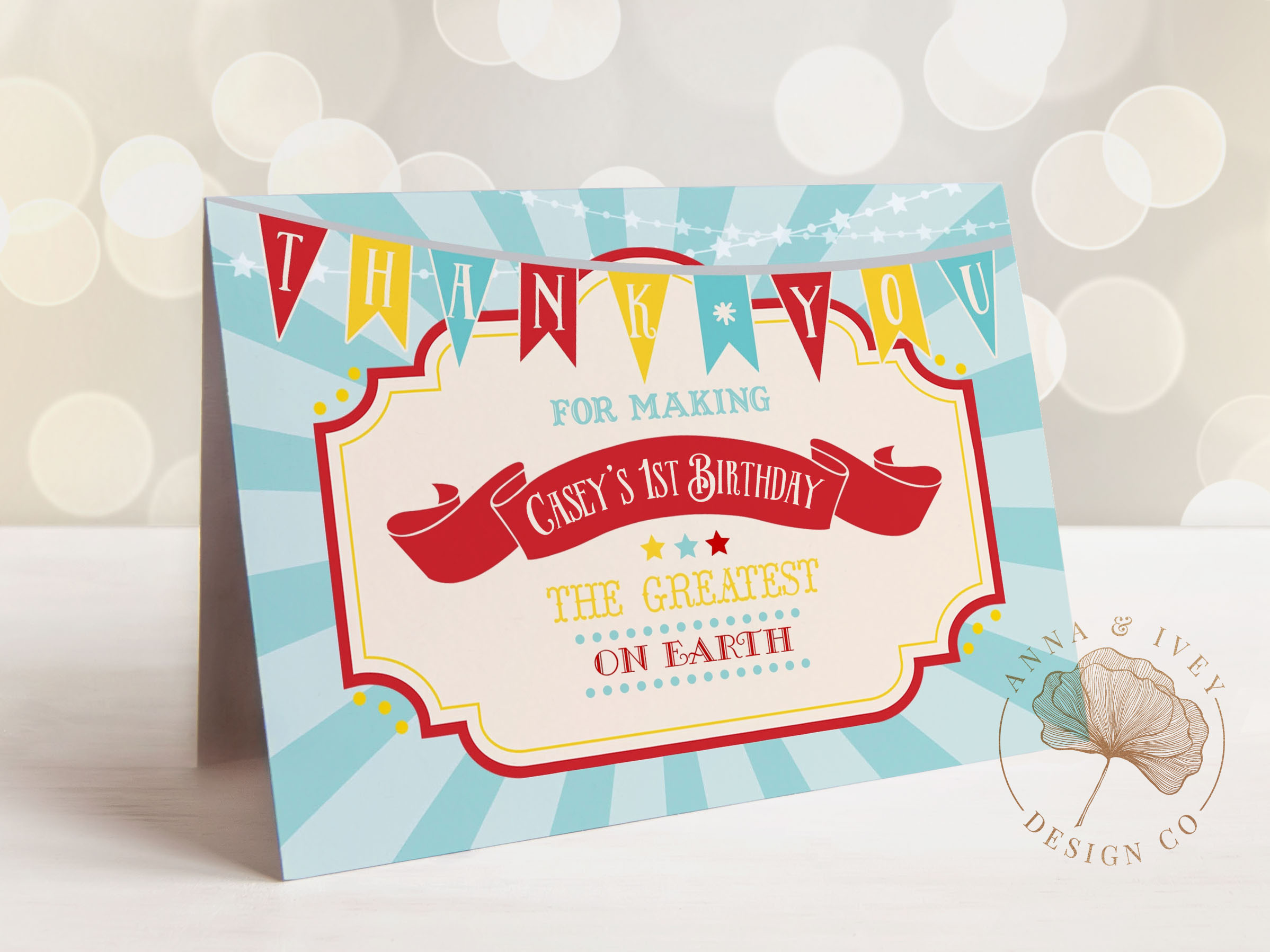 Dark Red Circus Thank You Cards- Blue Sunburst design preview