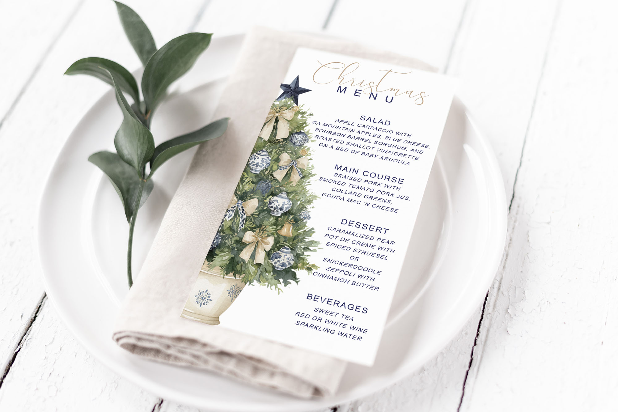 Blue & Gold Chinoiserie Christmas Tree Menu Card design preview