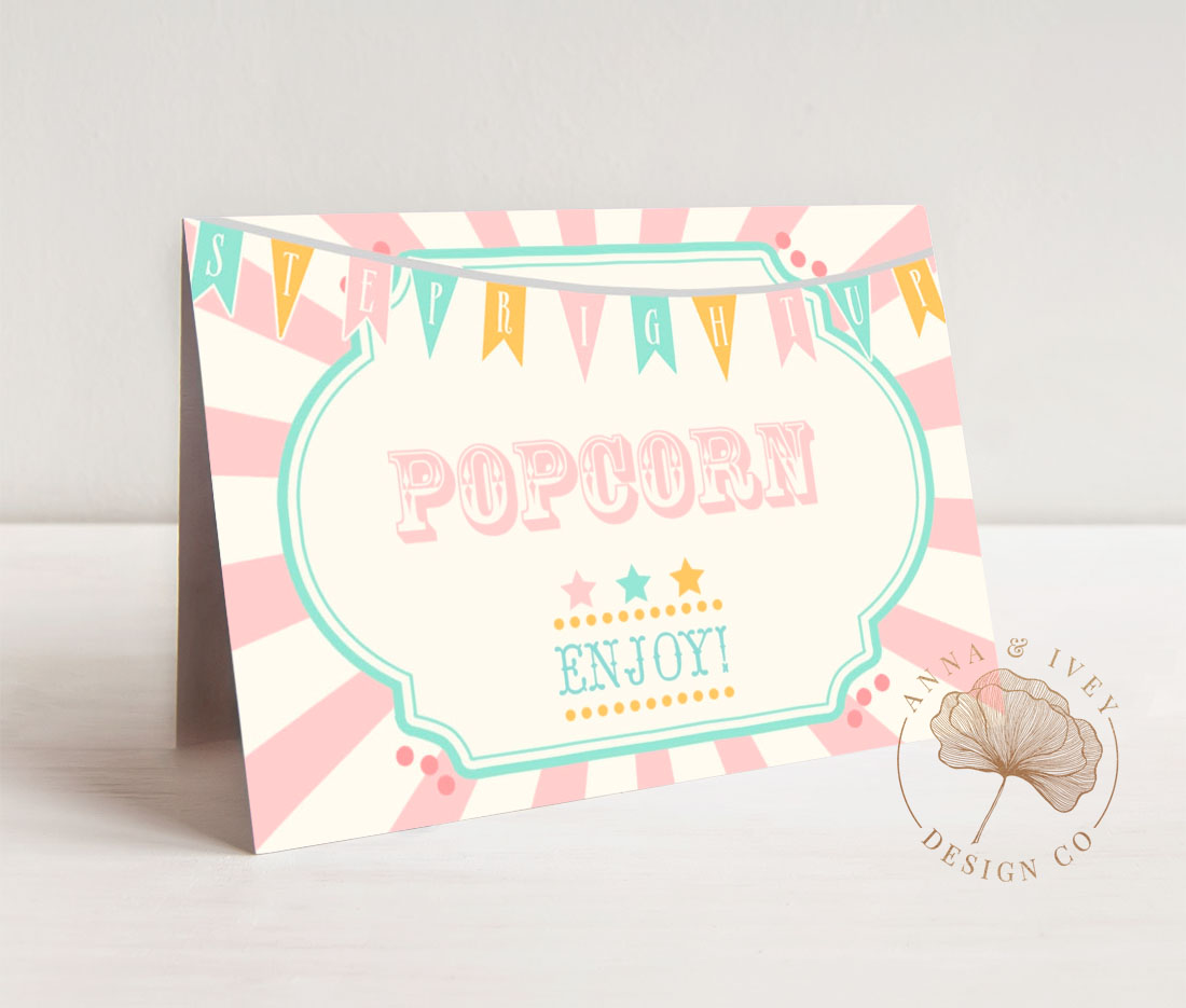 Pink & Mint Circus Food Cards- Pink & Ivory Sunburst design preview