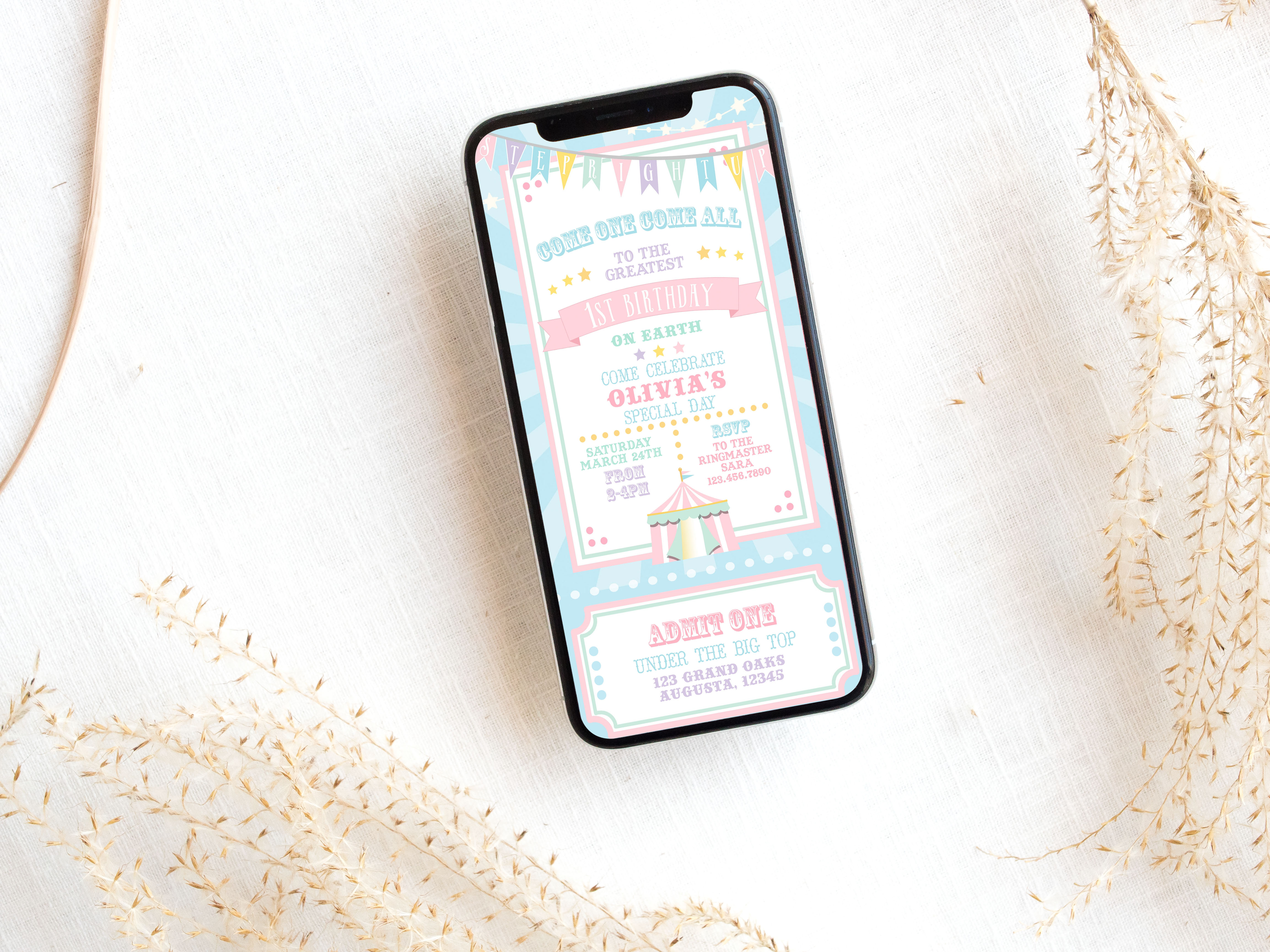 Pastel Circus Smart Phone Invitation- Blue Burst design preview