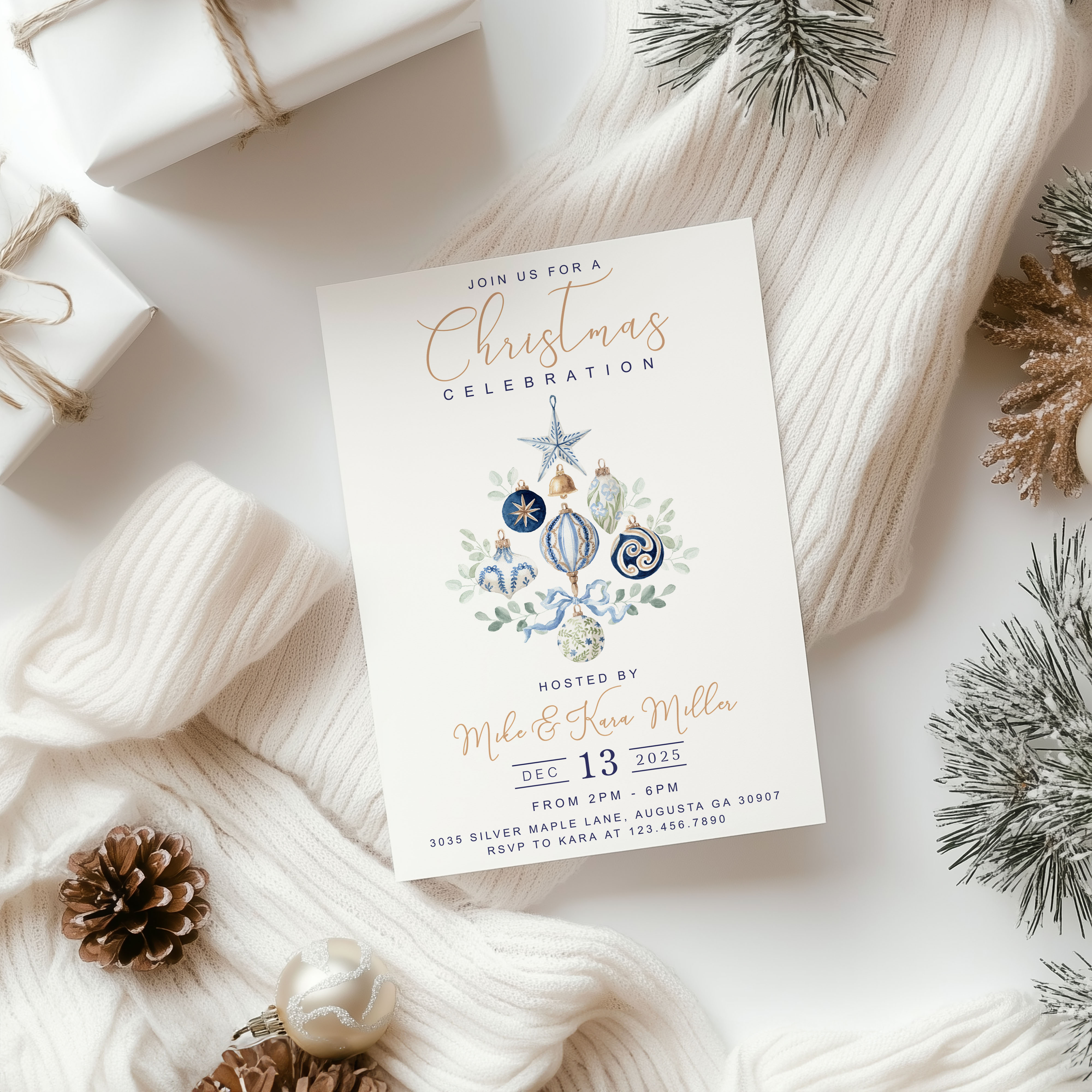 Blue & Gold Ornament Tree Invitation design preview