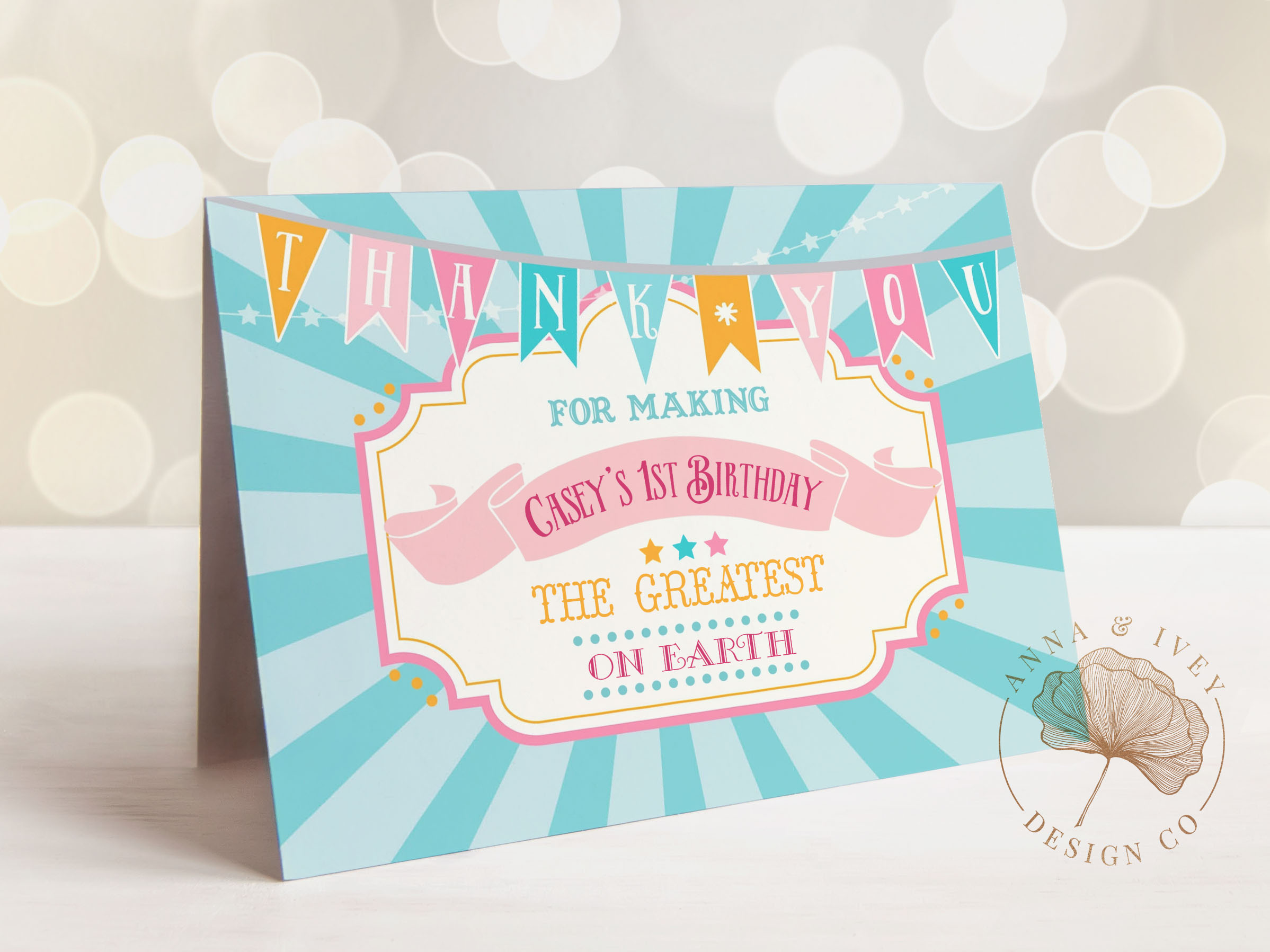 Pink & Teal Circus Thank You Cards- Teal Sunburst design preview