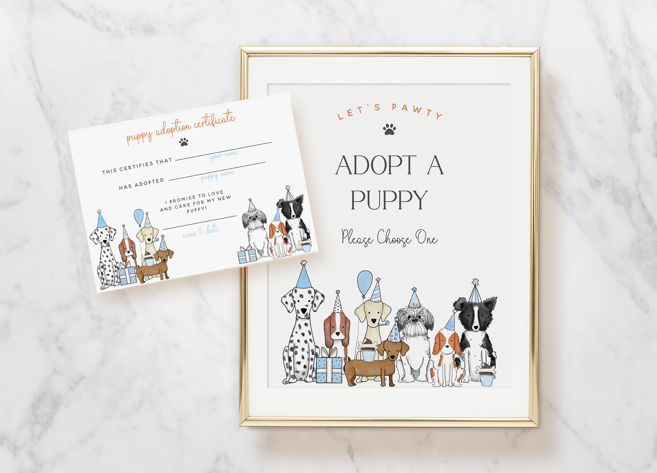 Let's Pawty- Puppy Adoption Signs & Cards- Blue design preview