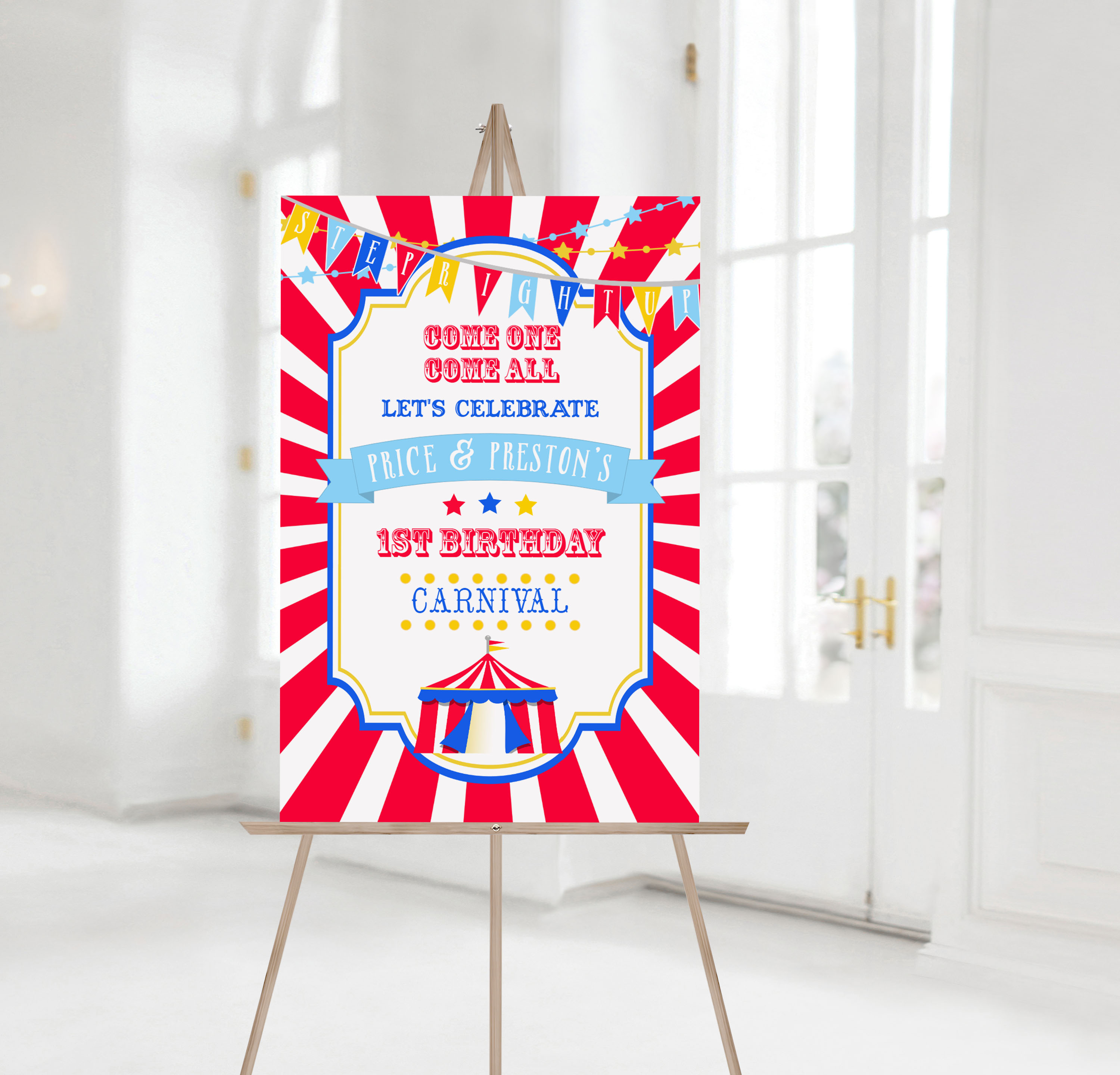 Bright Red & Royal Blue Circus Welcome Signs- Burst design preview