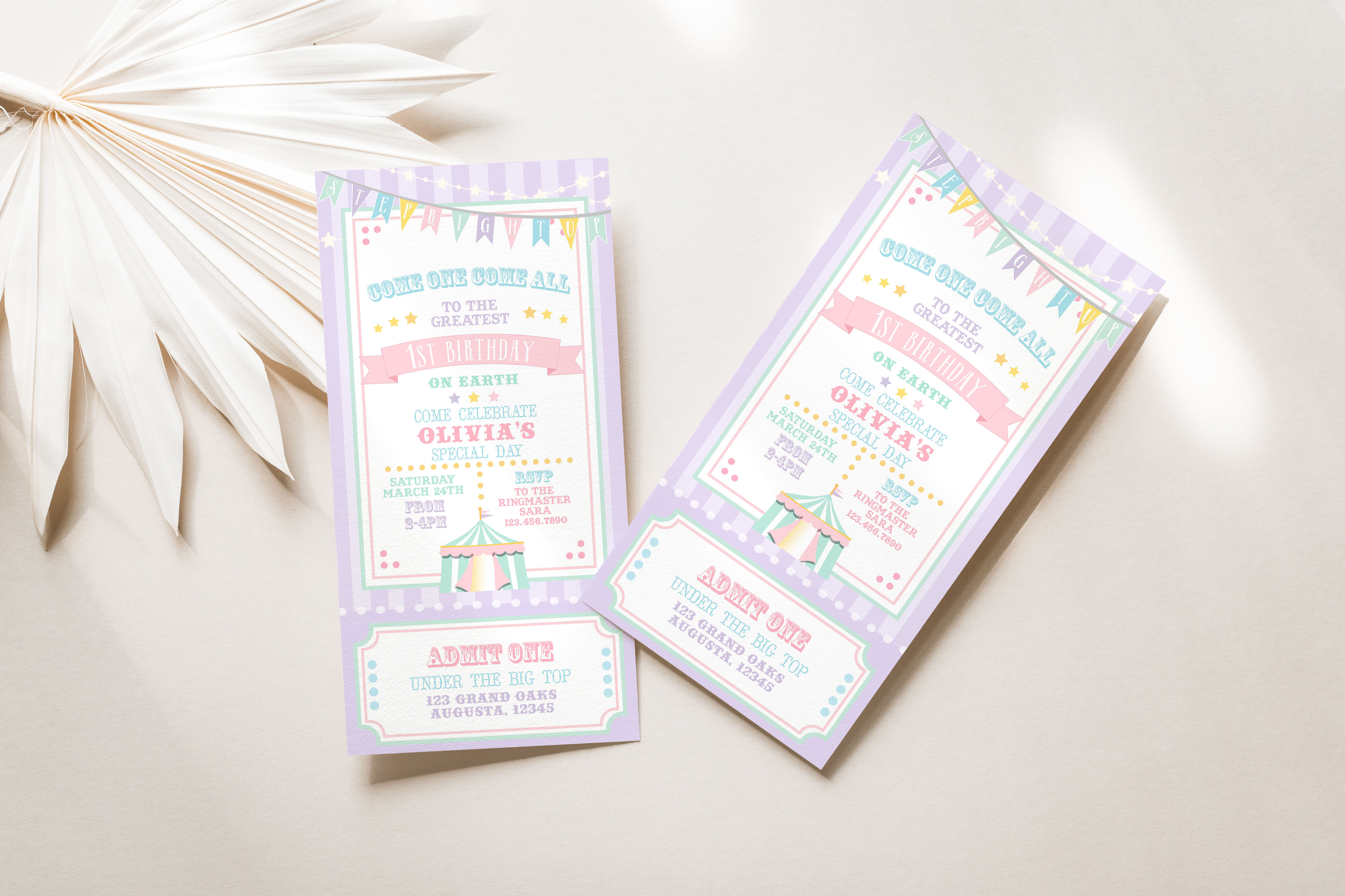 Pastel Circus 4 x 8 Ticket Invitation- Purple Stripes design preview