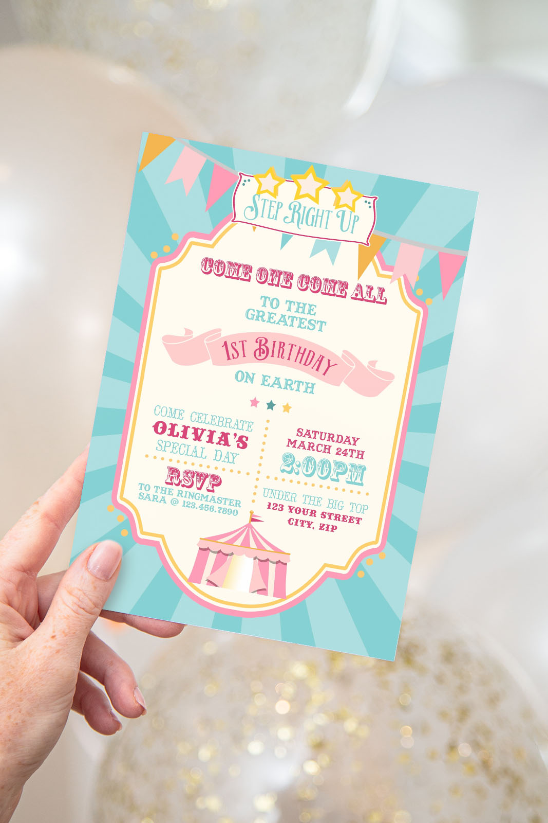 Pink & Teal Circus Invitation- Teal Sunburst design preview