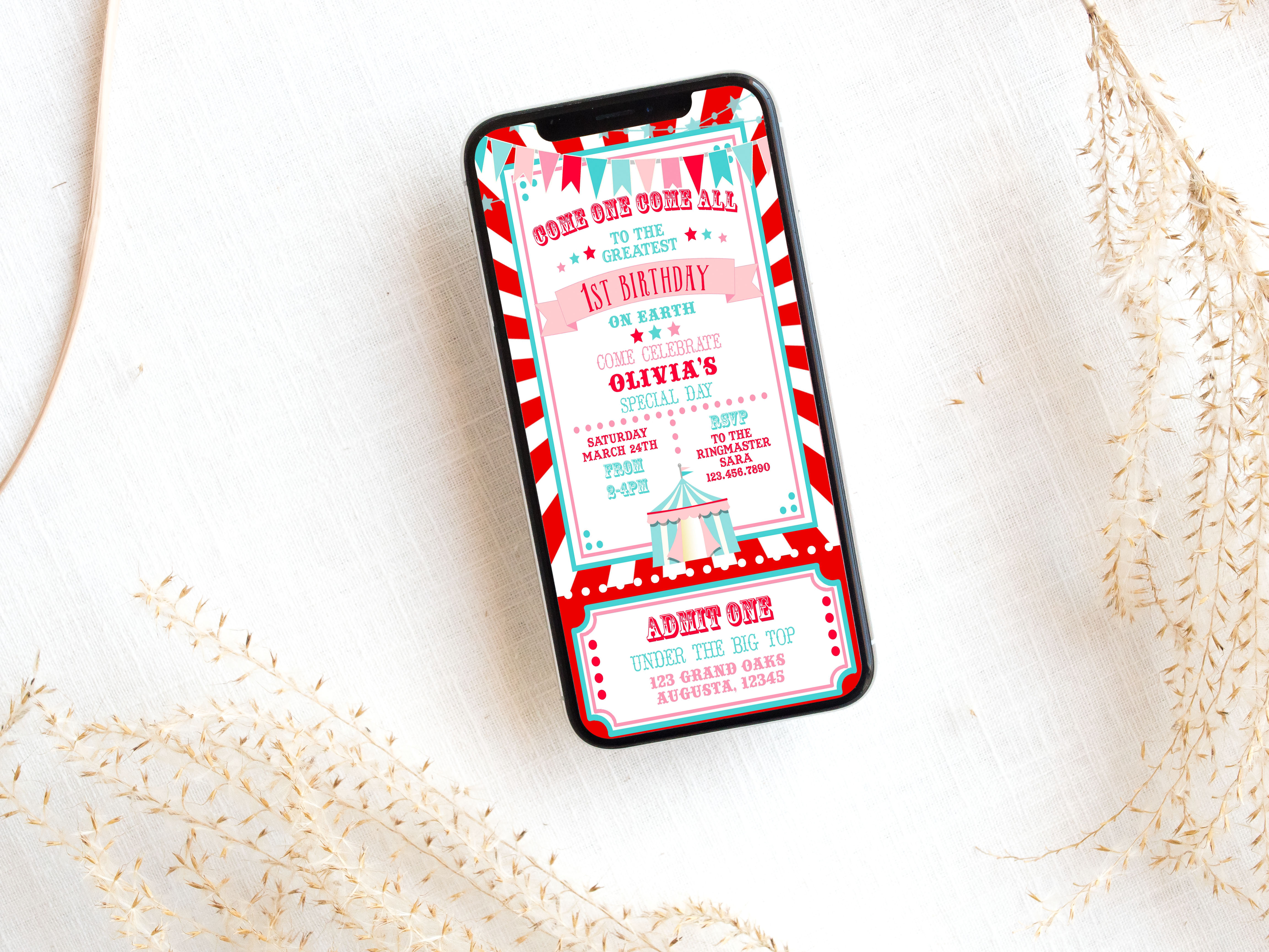 Red & Pink Circus SmartPhone Invitation- Red Burst design preview