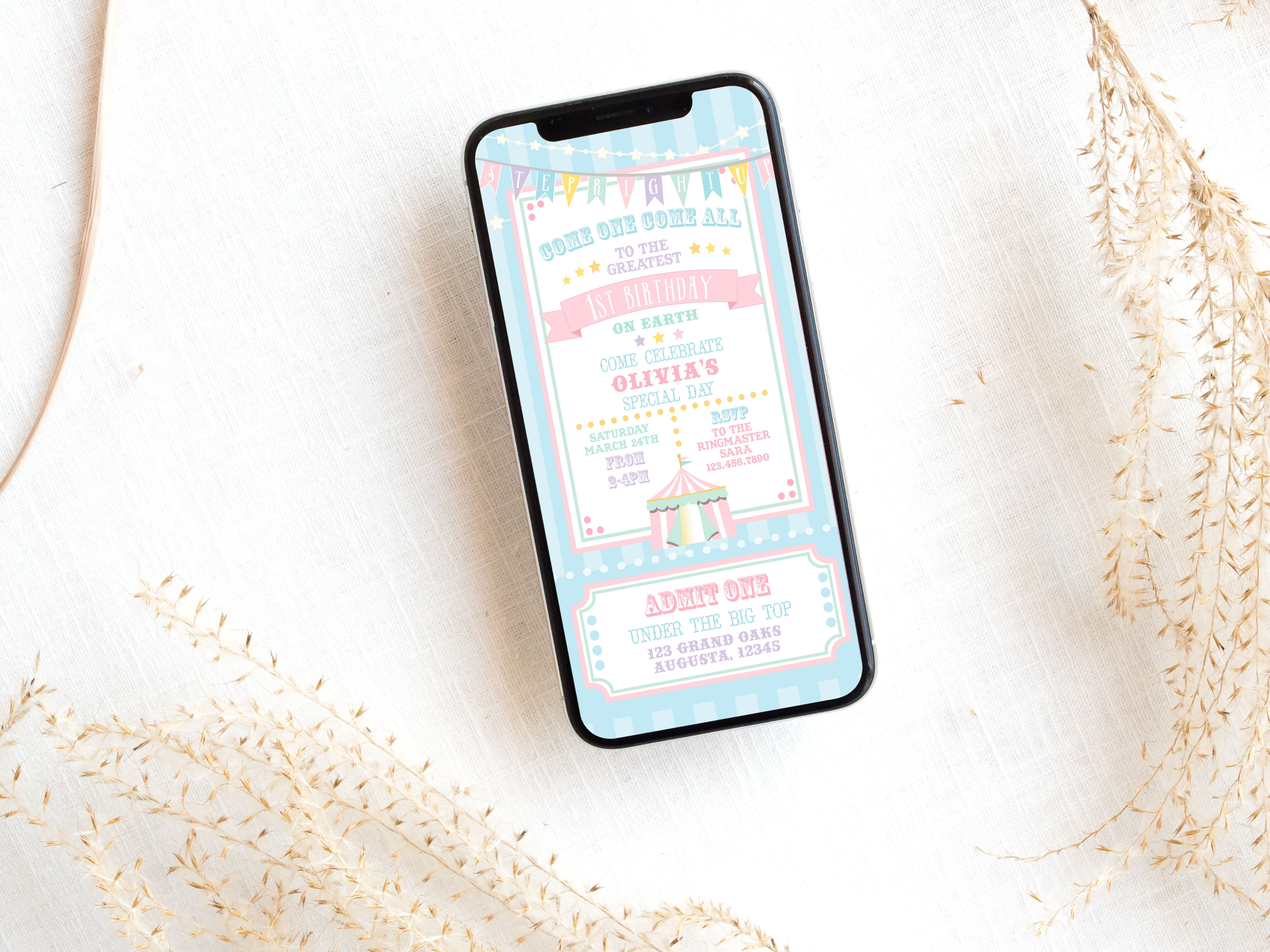 Pastel Circus Smart Phone Invitation- Blue Stripes design preview