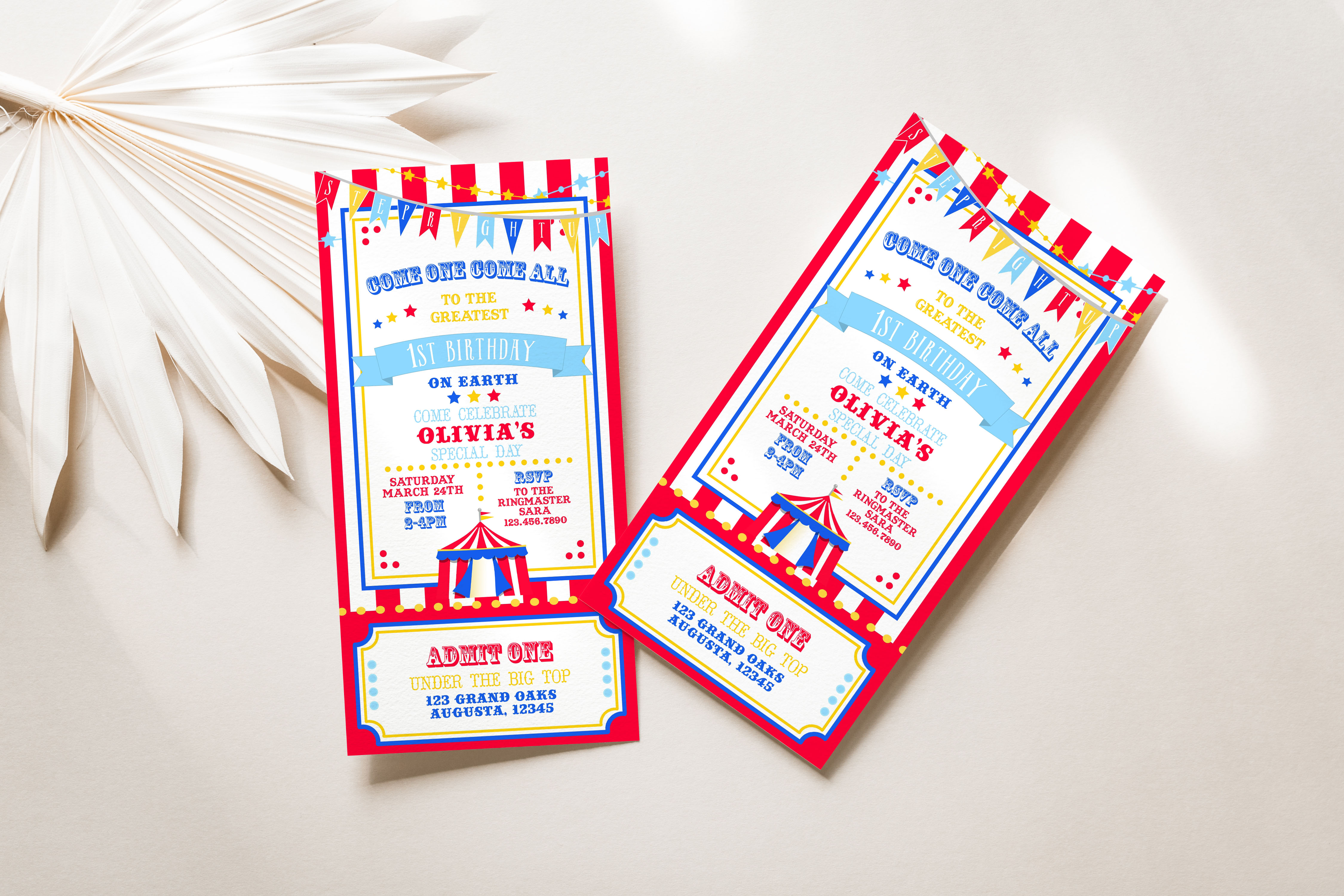 Bright Red & Royal Blue Circus Ticket Invitations- Stripes design preview