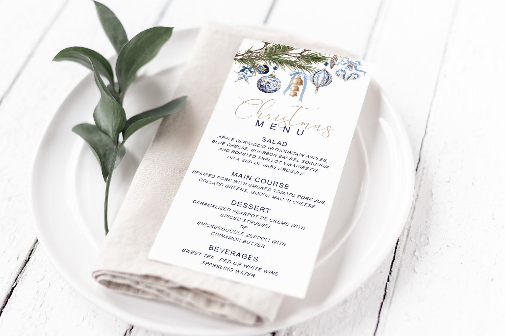 Blue & Gold Ornament Branch Menu Card design preview