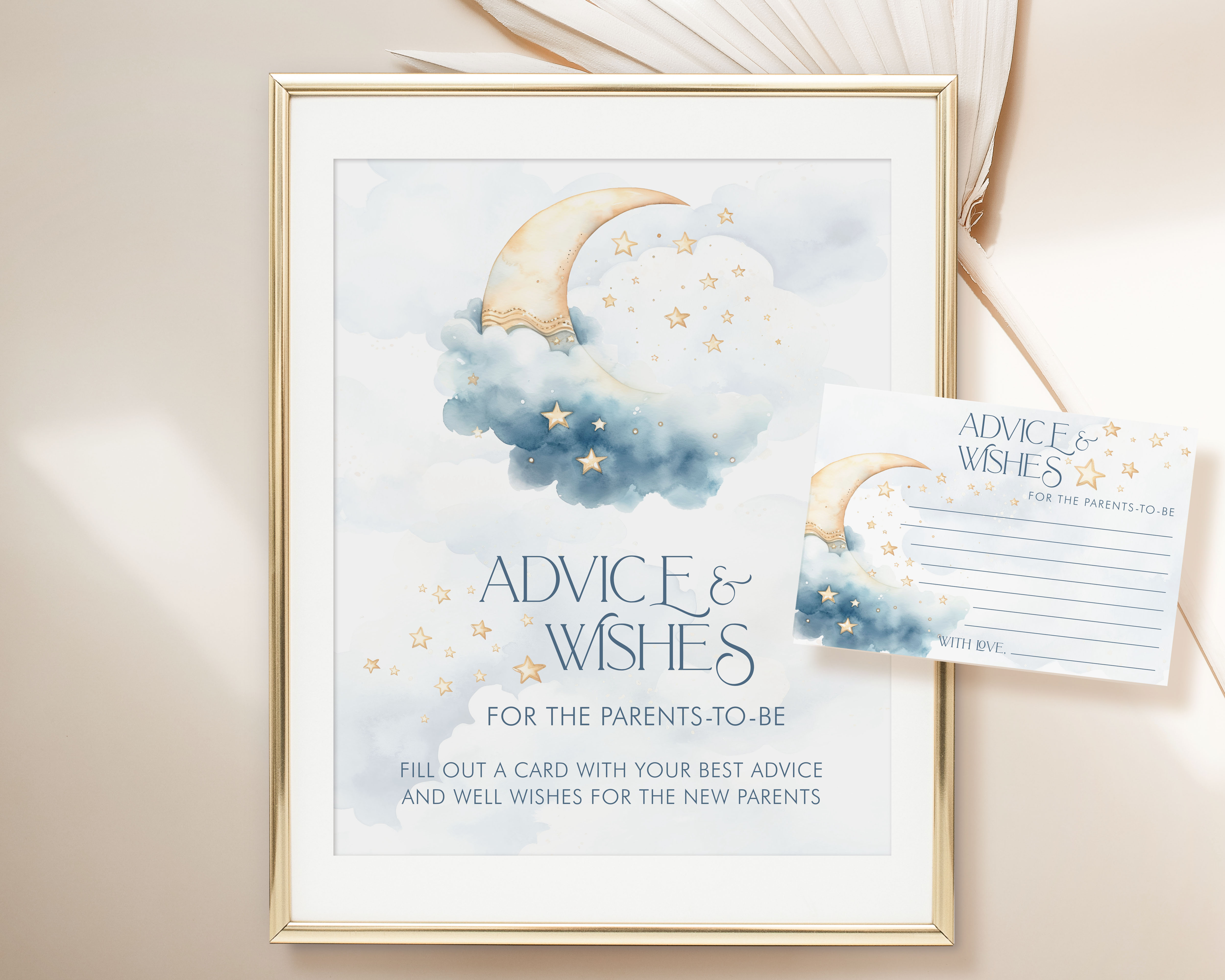 Over the Moon Baby Shower Advice Sign & Card- Blue design preview