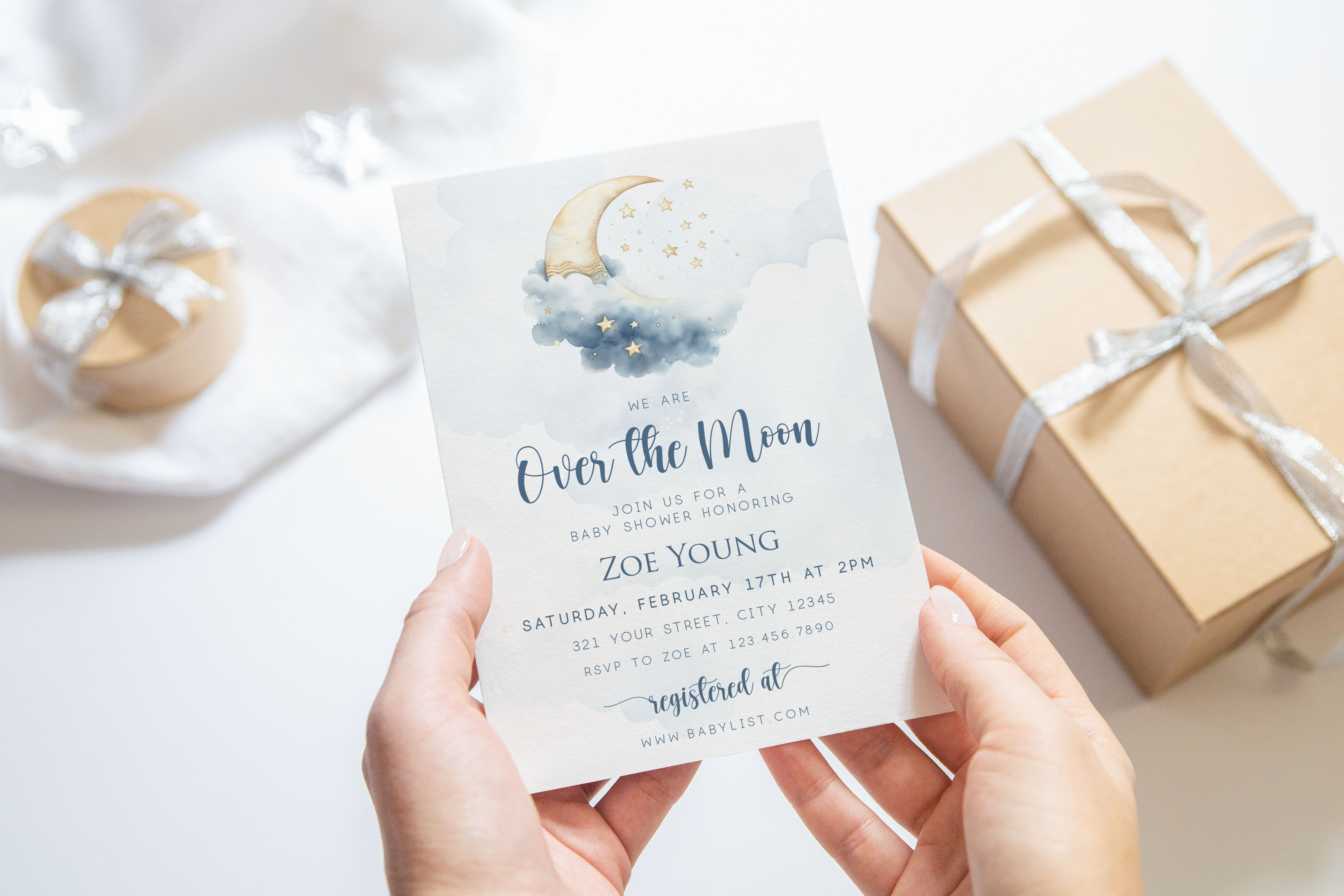 Over the Moon Baby Shower Invitation- Blue design preview