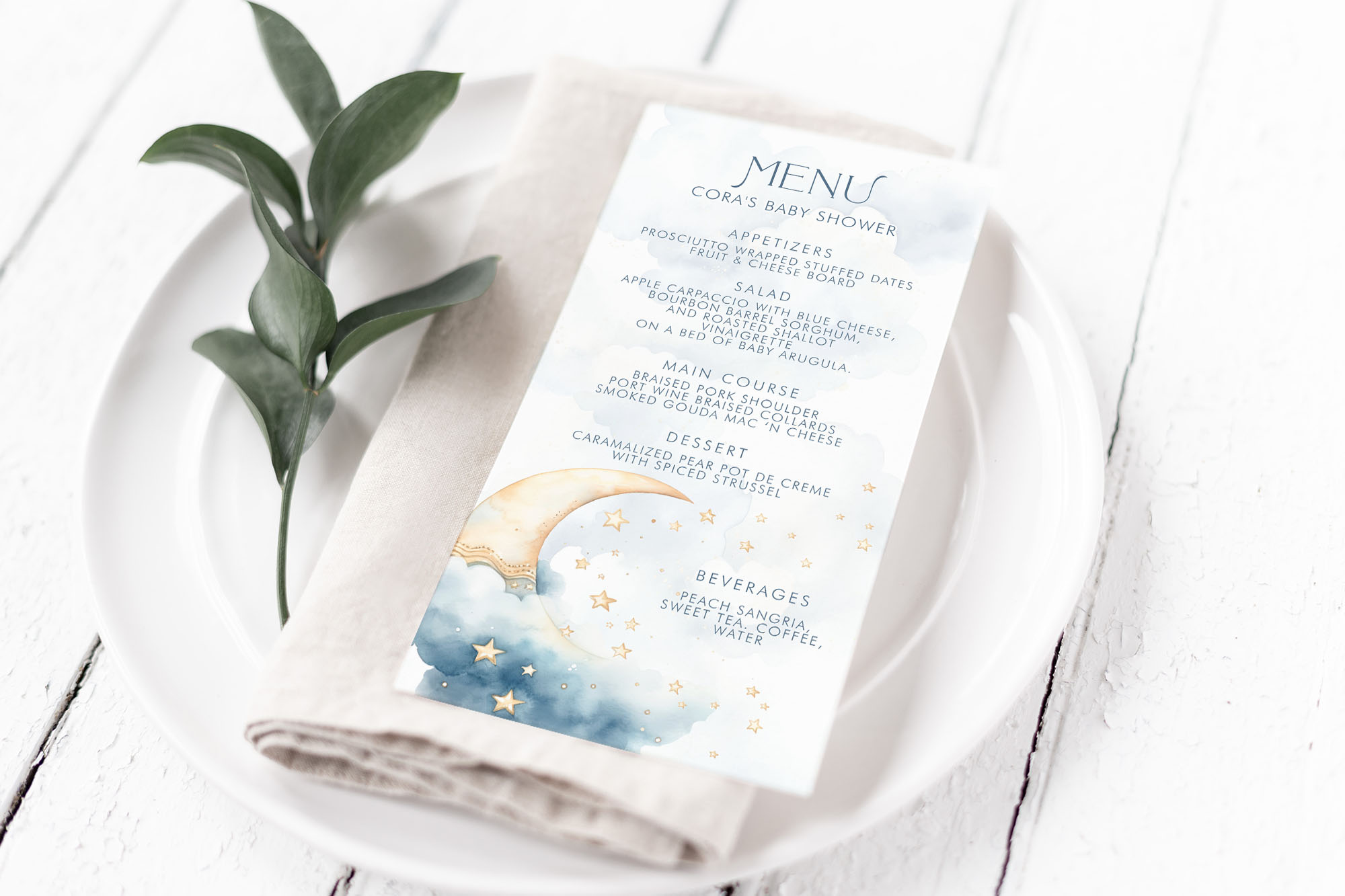 Over the Moon Baby Shower Menu Card- Blue design preview