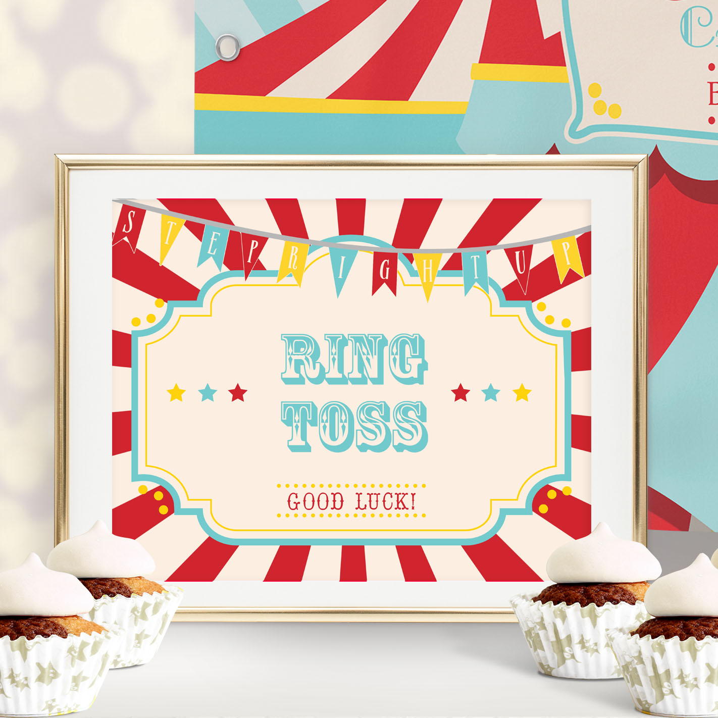 Dark Red Circus Game Sign- Red Sunburst design preview