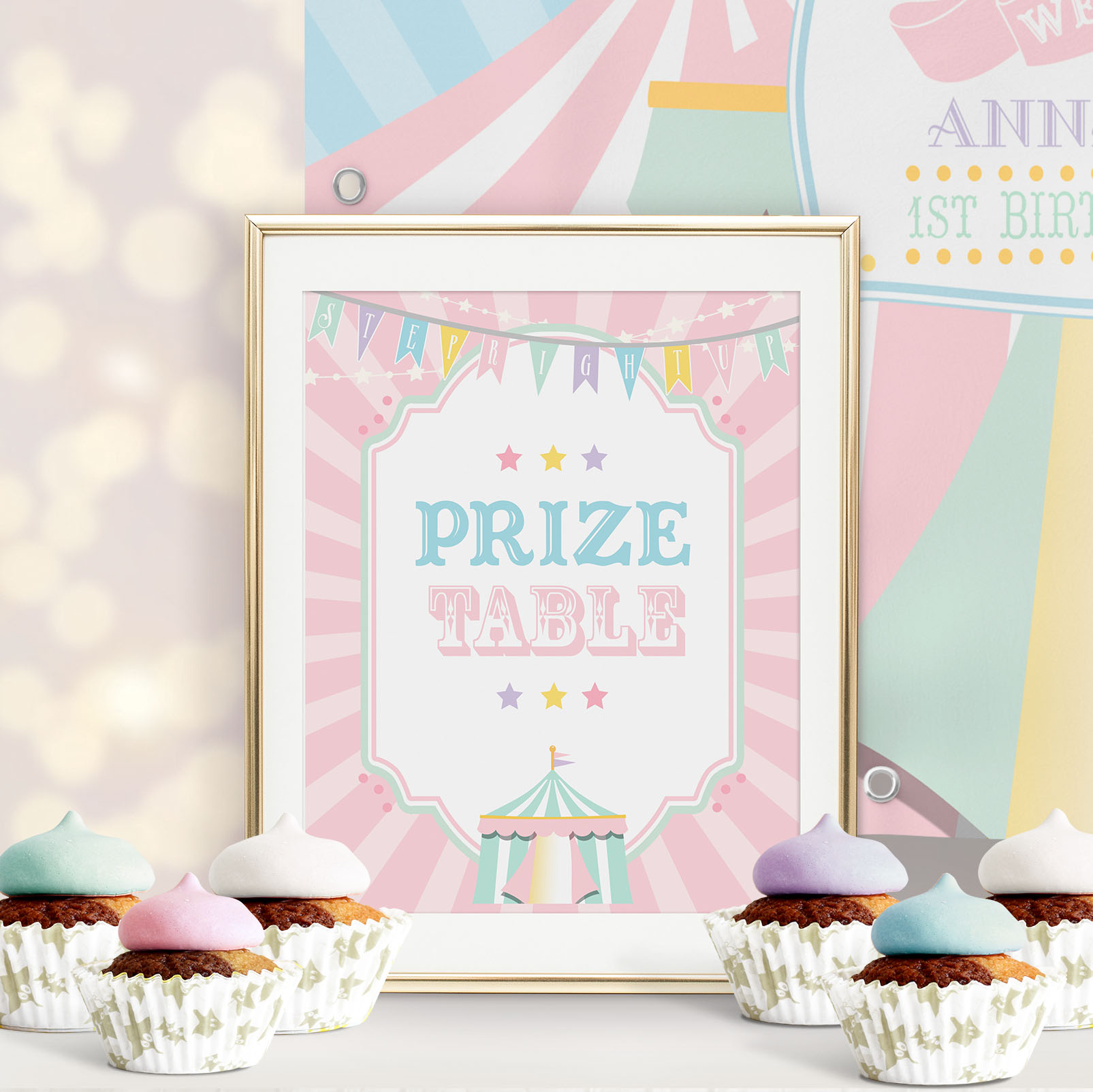 Pastel Circus Prize Table Sign- Pink Burst design preview