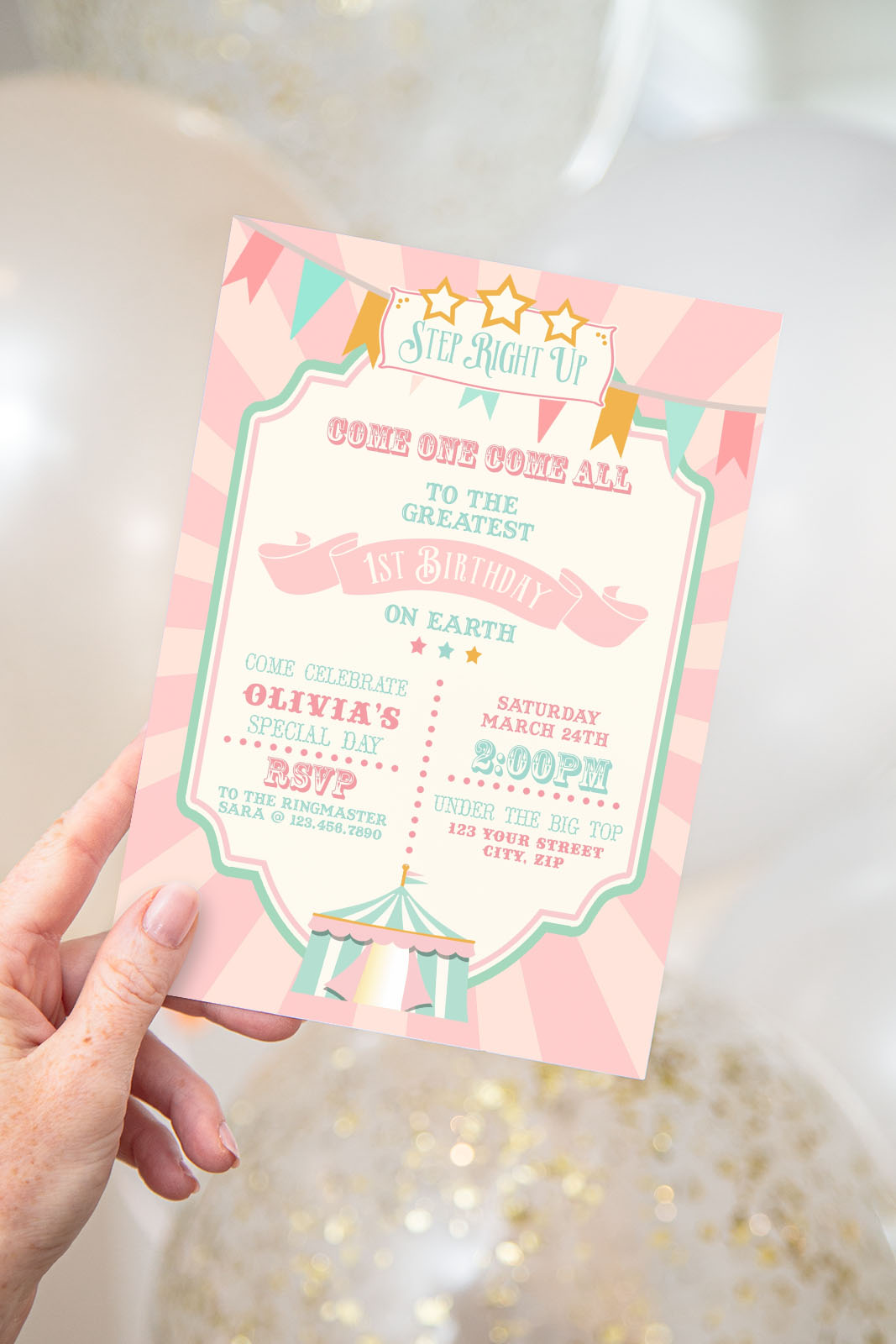 Pink & Mint Circus Invitation- Pink Sunburst design preview
