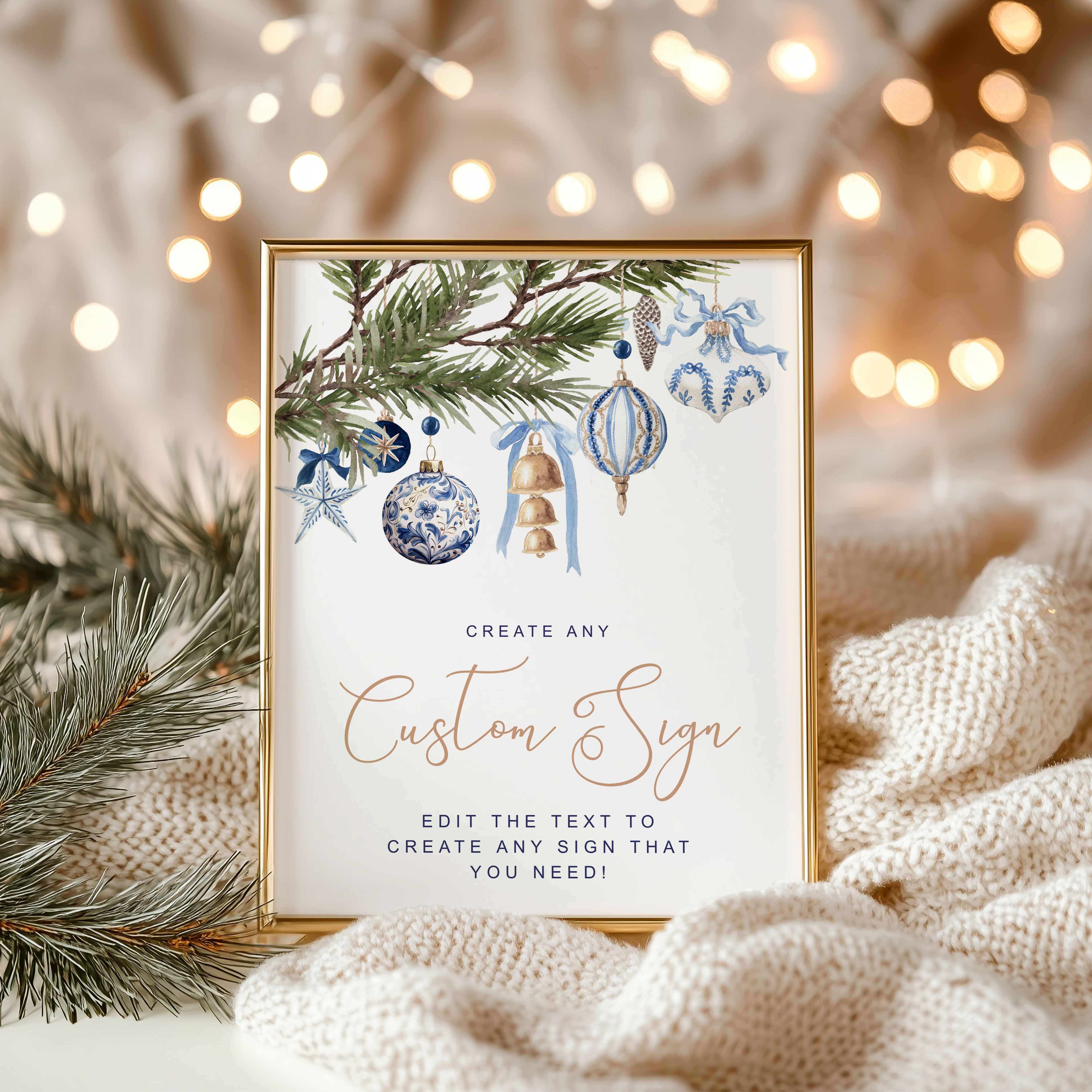 Blue & Gold Ornaments Christmas Branch DIY Signs design preview