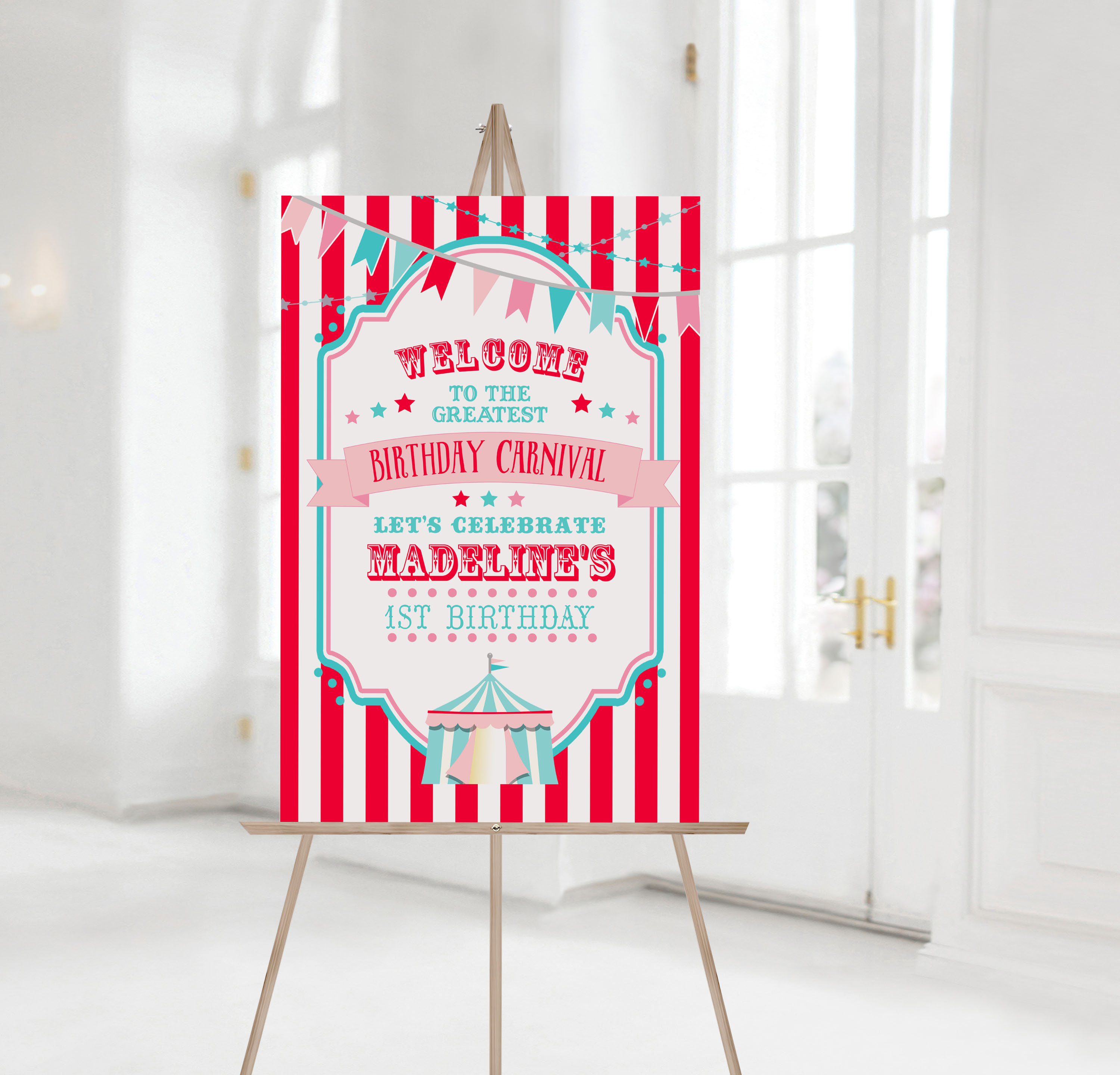 Red & Pink Circus Welcome Signs- Red Stripe design preview