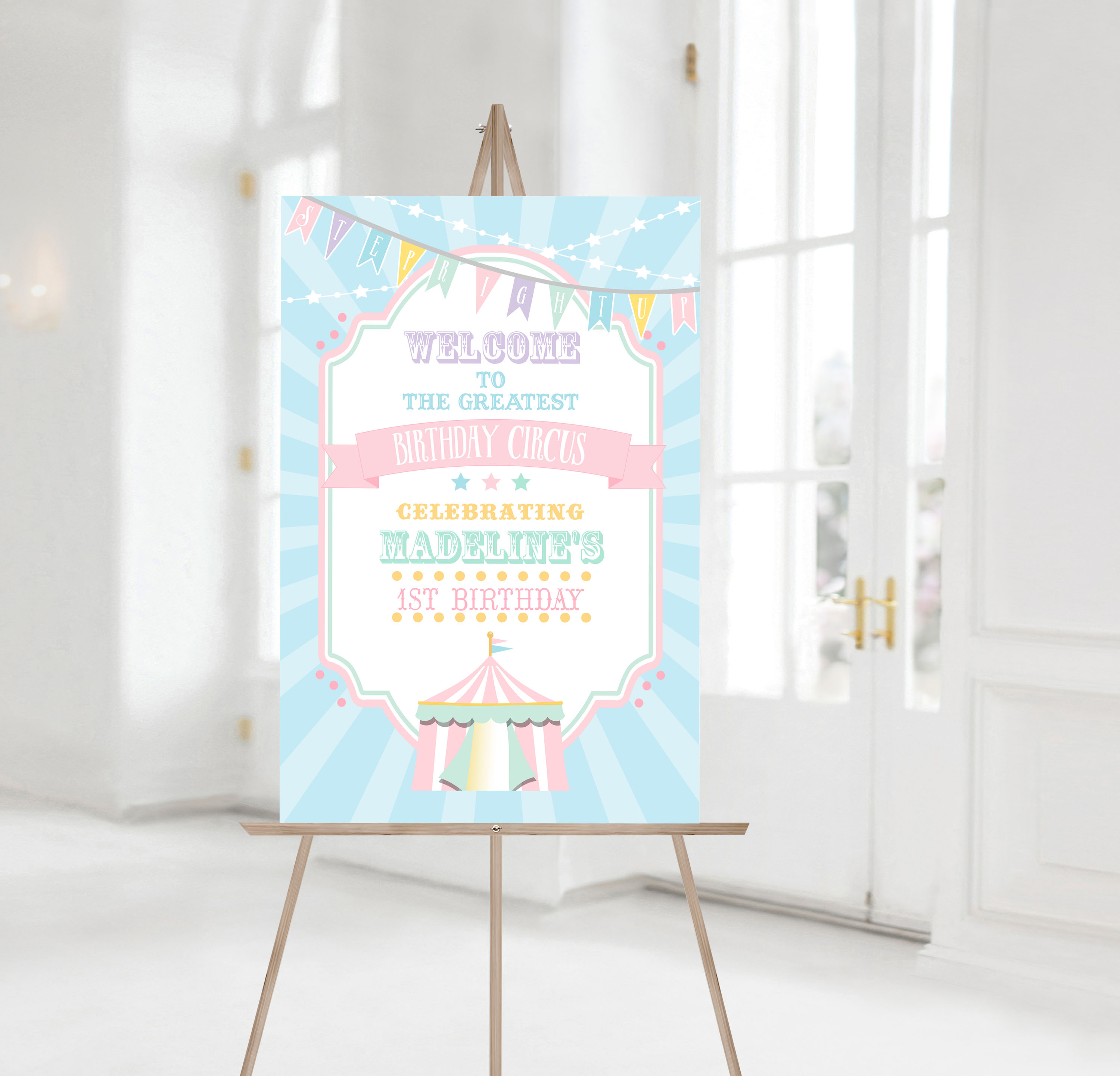 Pastel Circus Welcome Sign- Blue Burst design preview